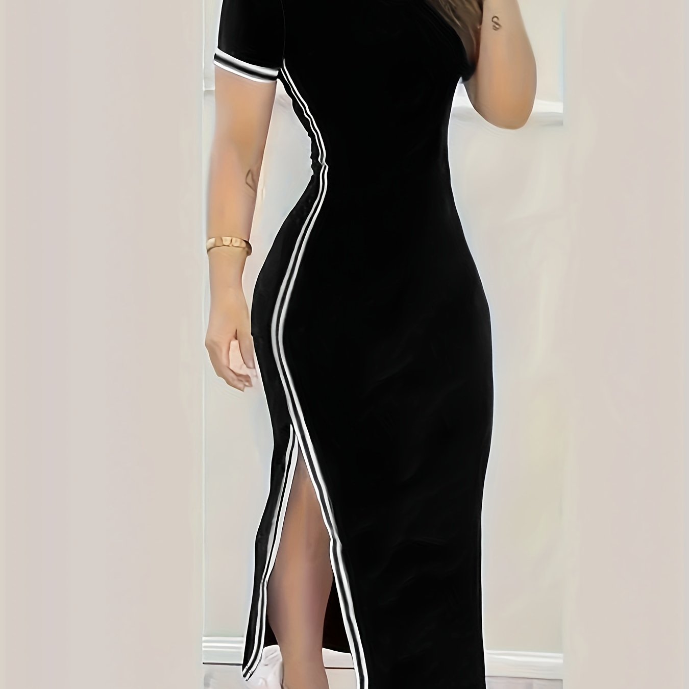 E-shop Elegantes marineblaues Bodycon-Kleid mit Seitenschlitz, kurze Ärmel, Rundhalsausschnitt, High-Low-Saum, dehnbarer Damen-Freizeit- und formeller