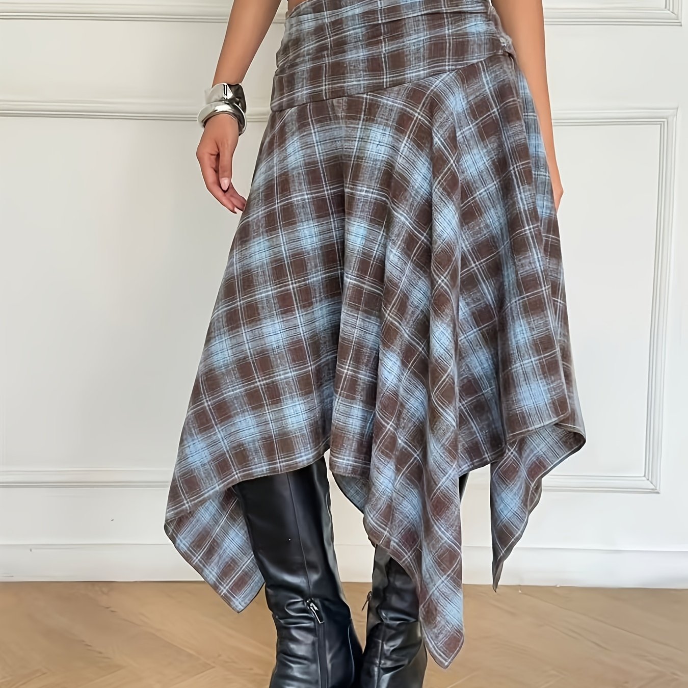 TEMU Women's Irregular Midi Skirt, High-waist Flowy Asymmetrical Hem A-line Skirt, Blue Checkered Long Skirt, Casual Streetwear Y2k Fashion Bottoms