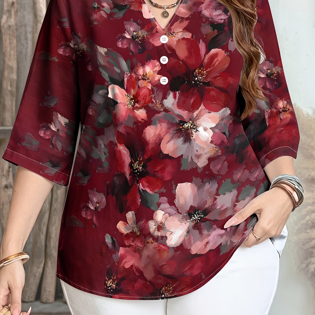 TEMU Burgundy Floral Print Loose Top, Women's V-neck 3/4 Sleeve Casual All-match Style