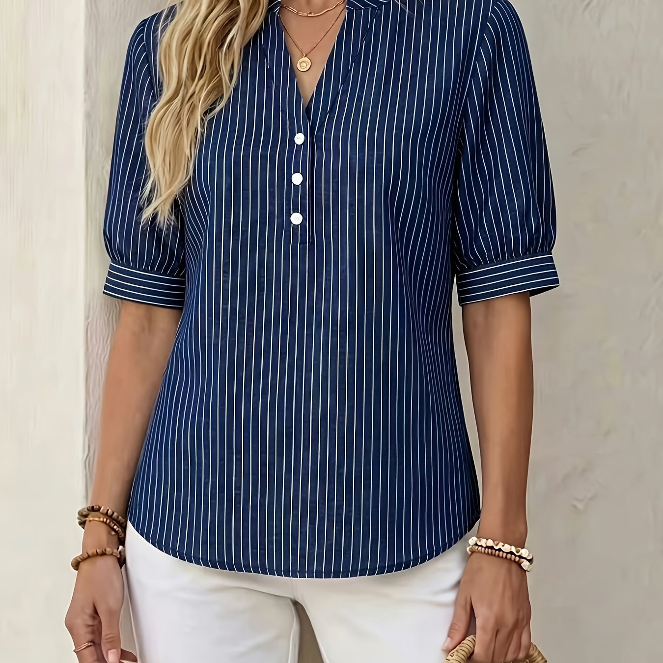 TEMU 2026 Summer Women's Elegant And Stylish Striped Color-block Shirt, Versatile Casual Wear