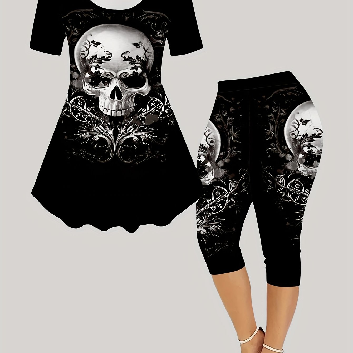 Plus Size - Women's Fashion Skull Print Short Sleeve Capri Pants Set