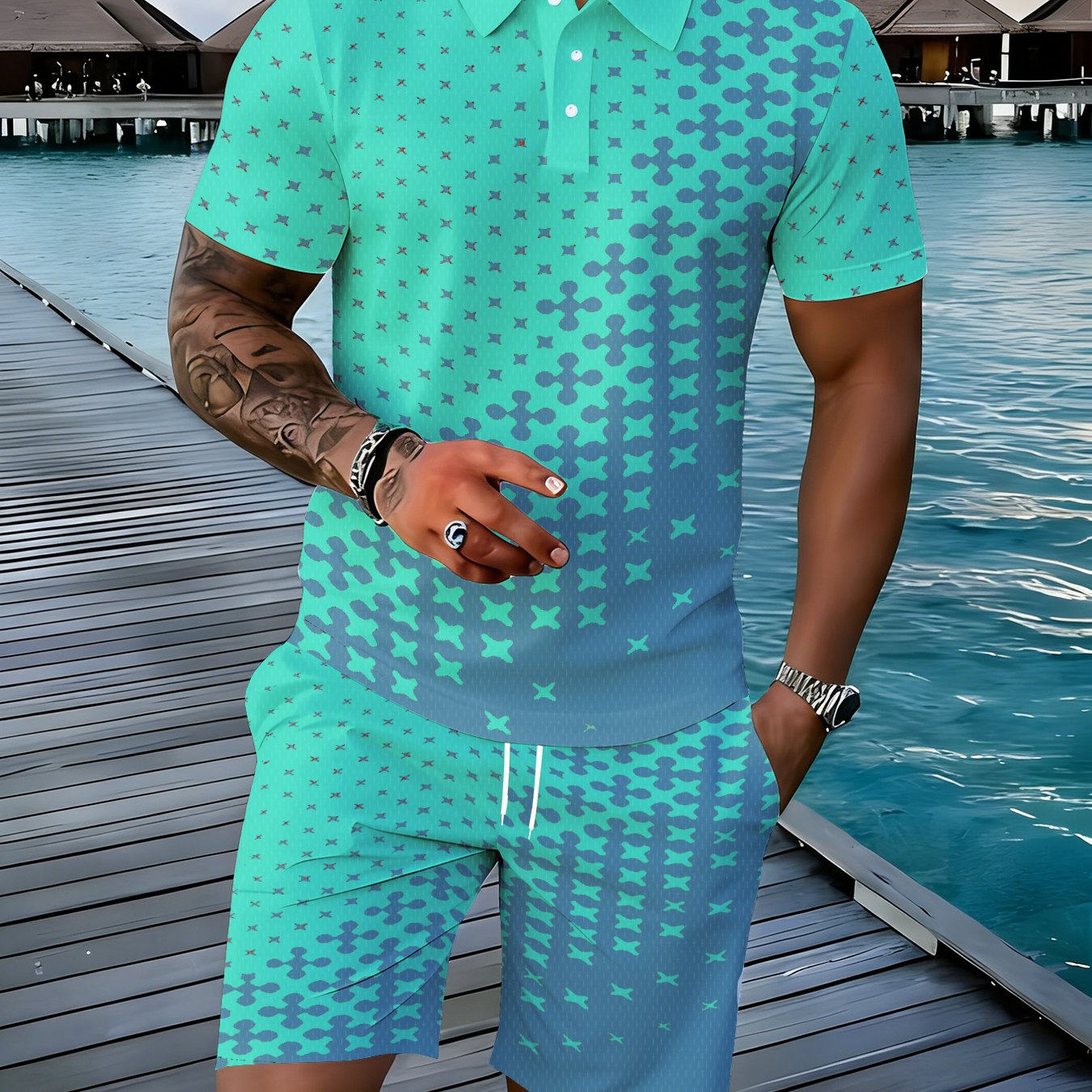 Image of Shirt Short Sleeve Top And Shorts 2pcs Set, Summer Casual Fashion Streetwear