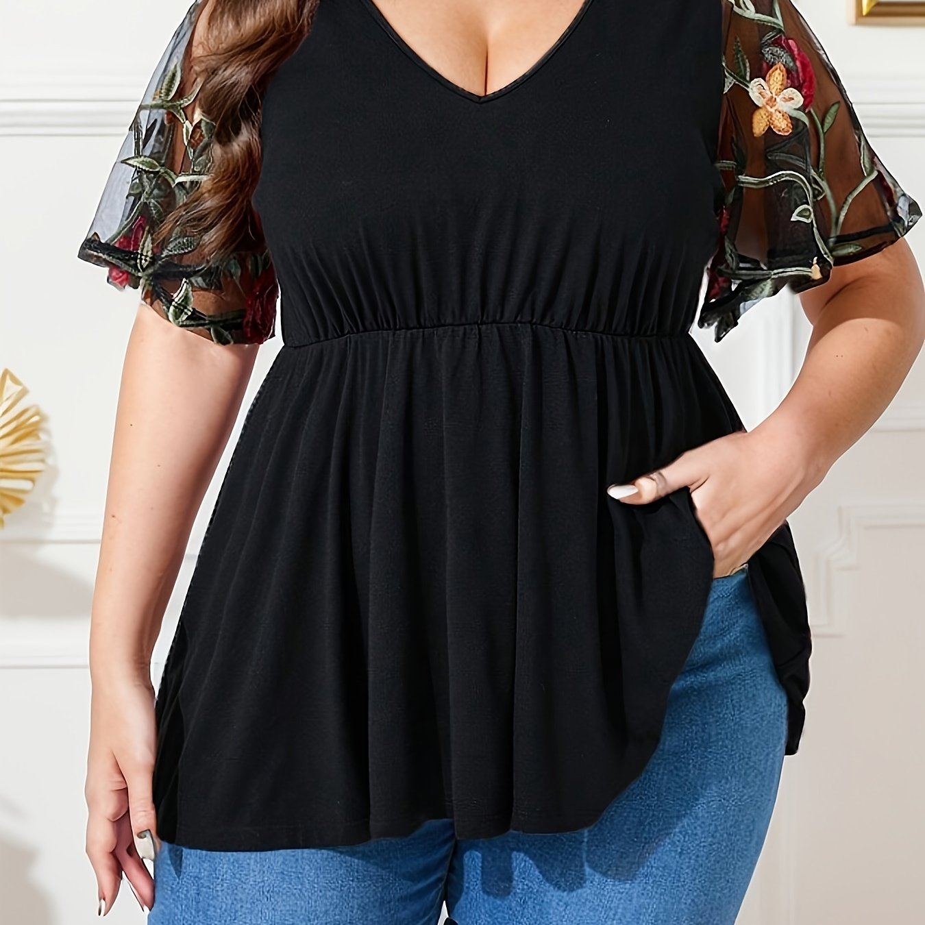 Plus Size, Plus Floral Embroidery Mesh Sleeve Peplum Tee