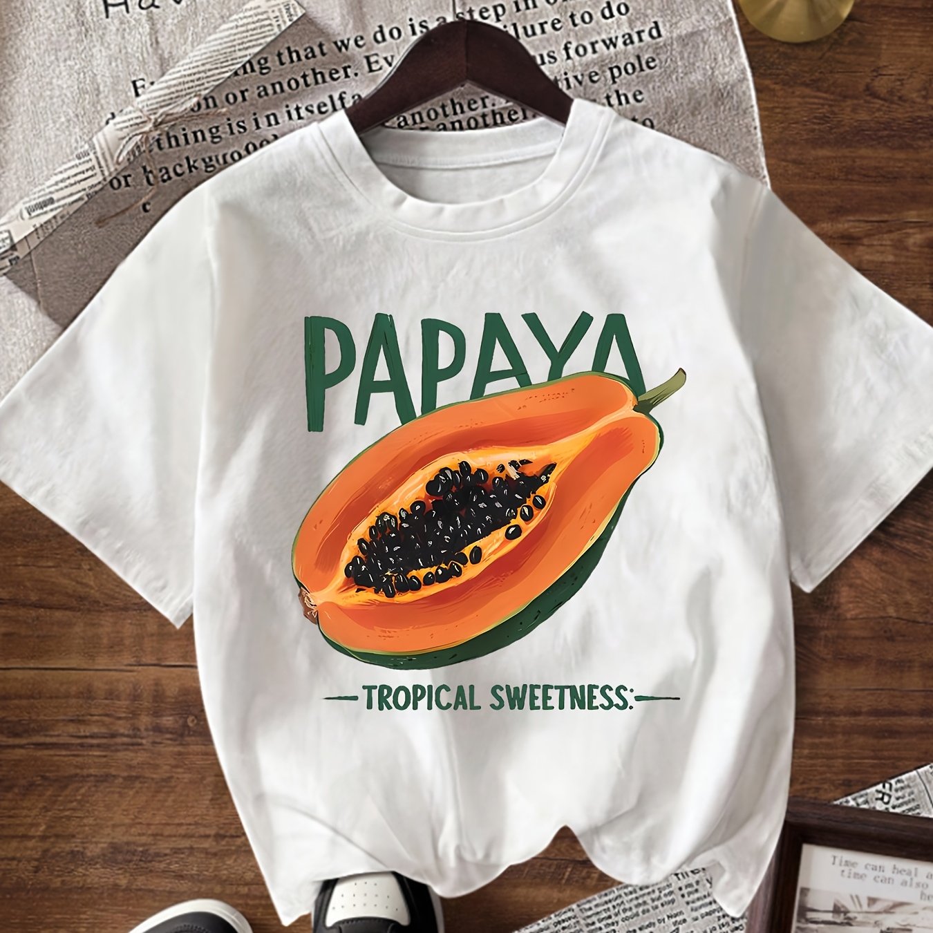 TEMU T-shirt Style Décontracté, Imprimé Papaye, T-shirt Décontracté Tendance et , Haut Décontracté à Manches Courtes et Col Rond, Vêtement de Haute