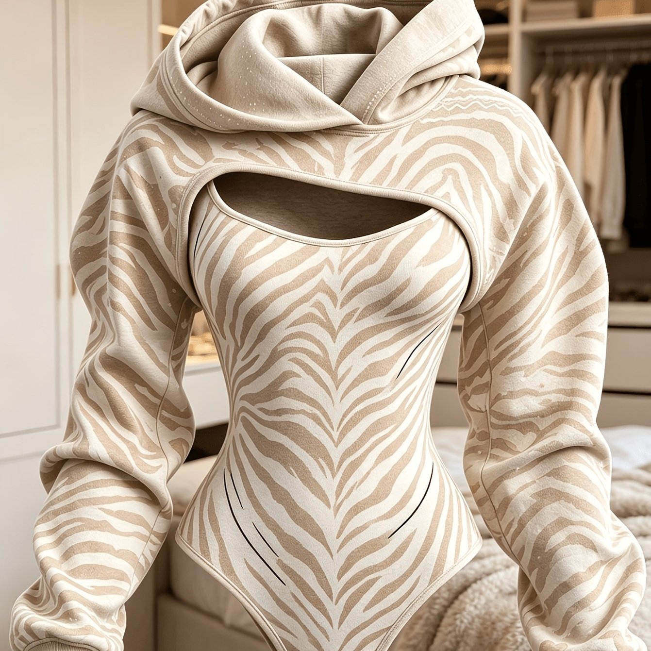 Image of Women's 2pcs Set, Zebra-print Jumpsuit With A Hooded Long-sleeve Cape, Khaki-colored, Slim-fit, Casual Streetwear-style Outfit Home Or Parties, Hooded Jumpsuit Top