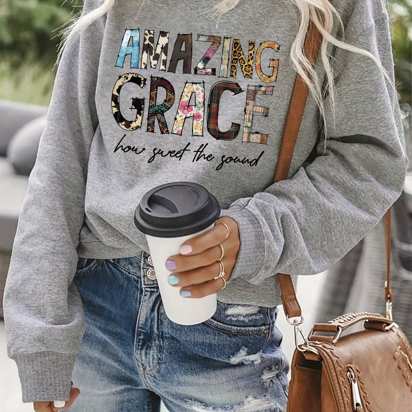 TEMU Women's Letter Print Crew Neck Sweatshirt - Colorful Graphic Pullover, Relaxed Fit Long Sleeve Casual Top For Spring & Fall, Machine Washable