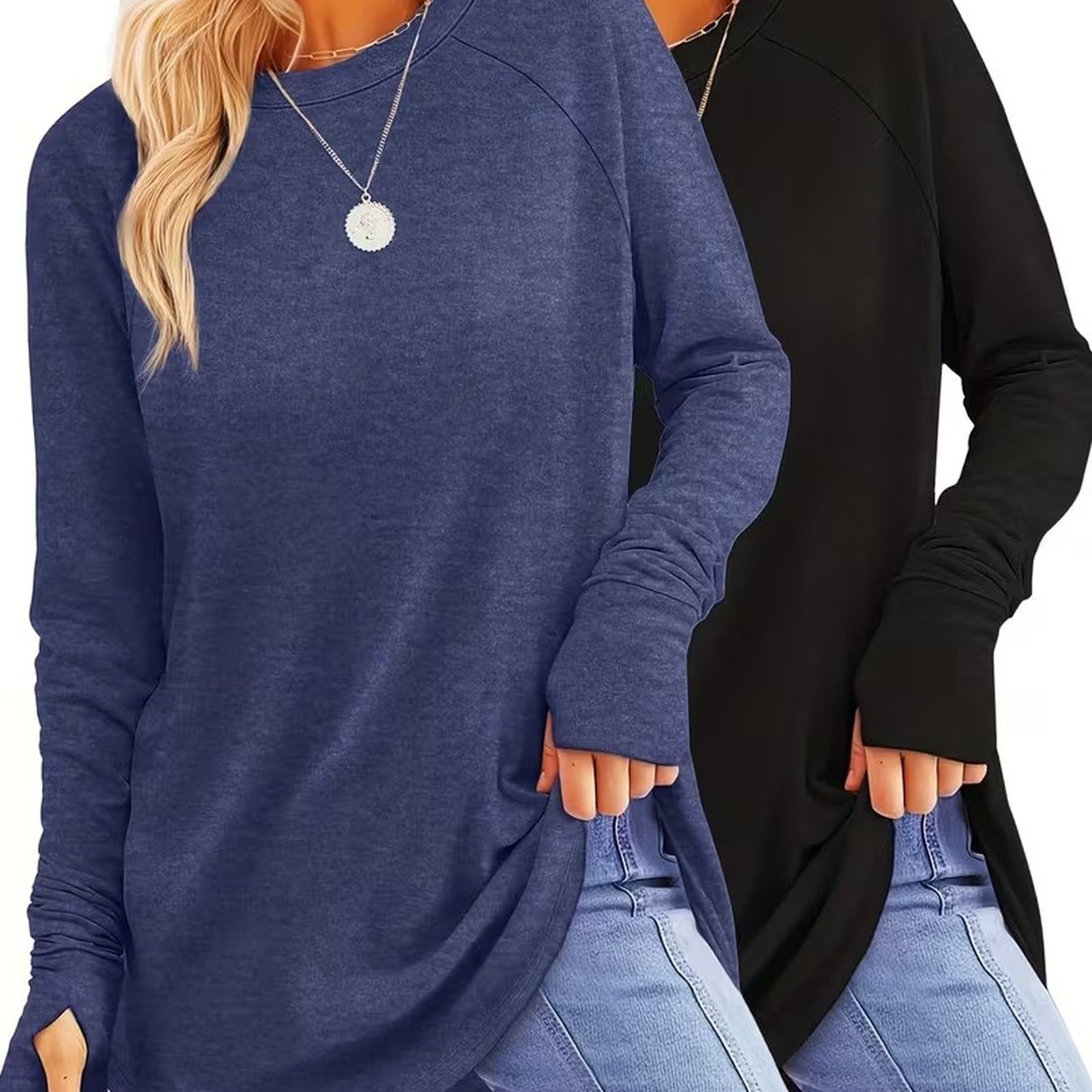 TEMU 2pcs Women's Spring Autumn Casual Top Set, Fashionable Thumbhole Shirt With Round Neck And Curved Hem Long Sleeve T-shirt