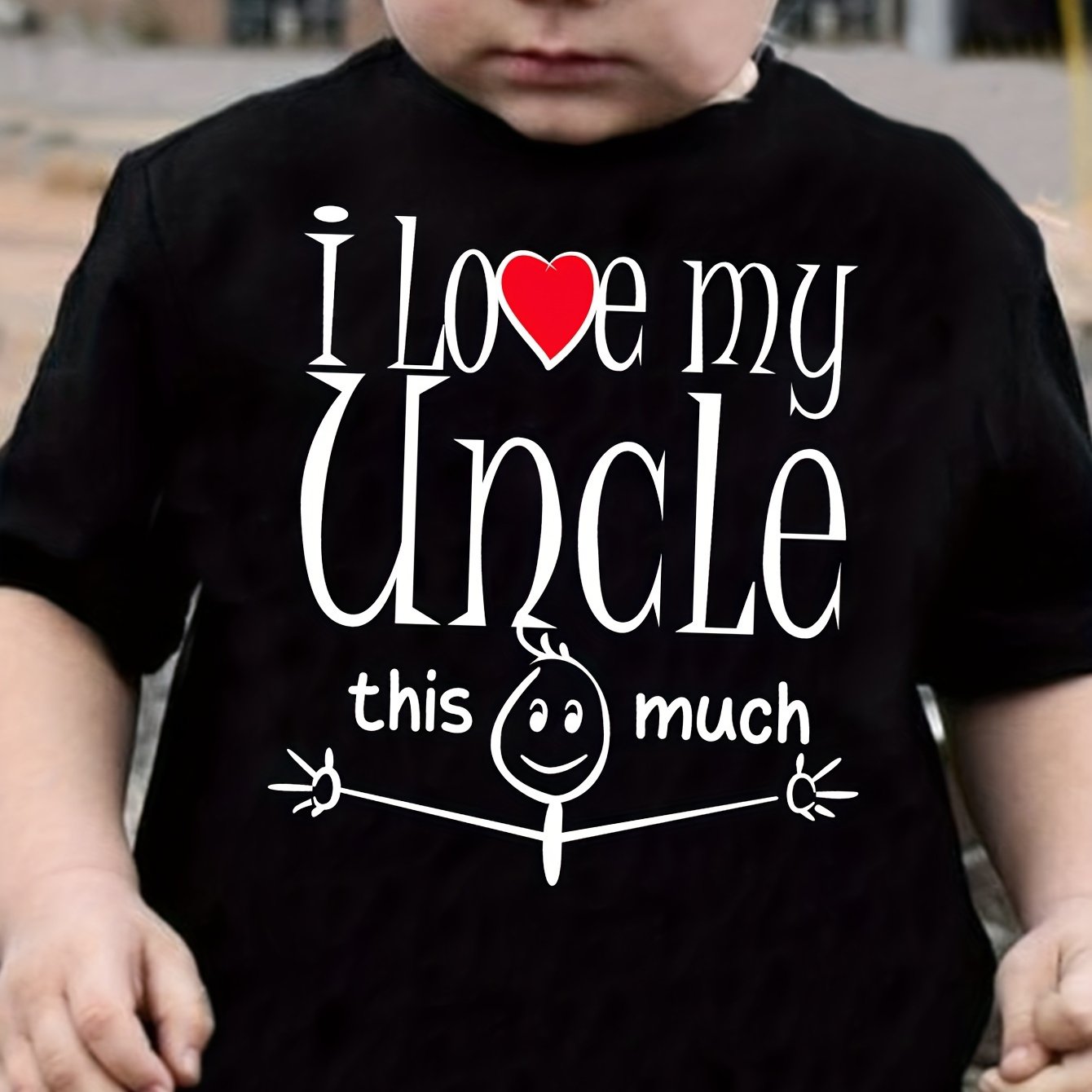 TEMU Boys' "i Love My This Much" Cotton T-shirt - Black With Red Heart And Smiling Graphic, Casual Summer Wear, Machine Washable, Boy's Shirts