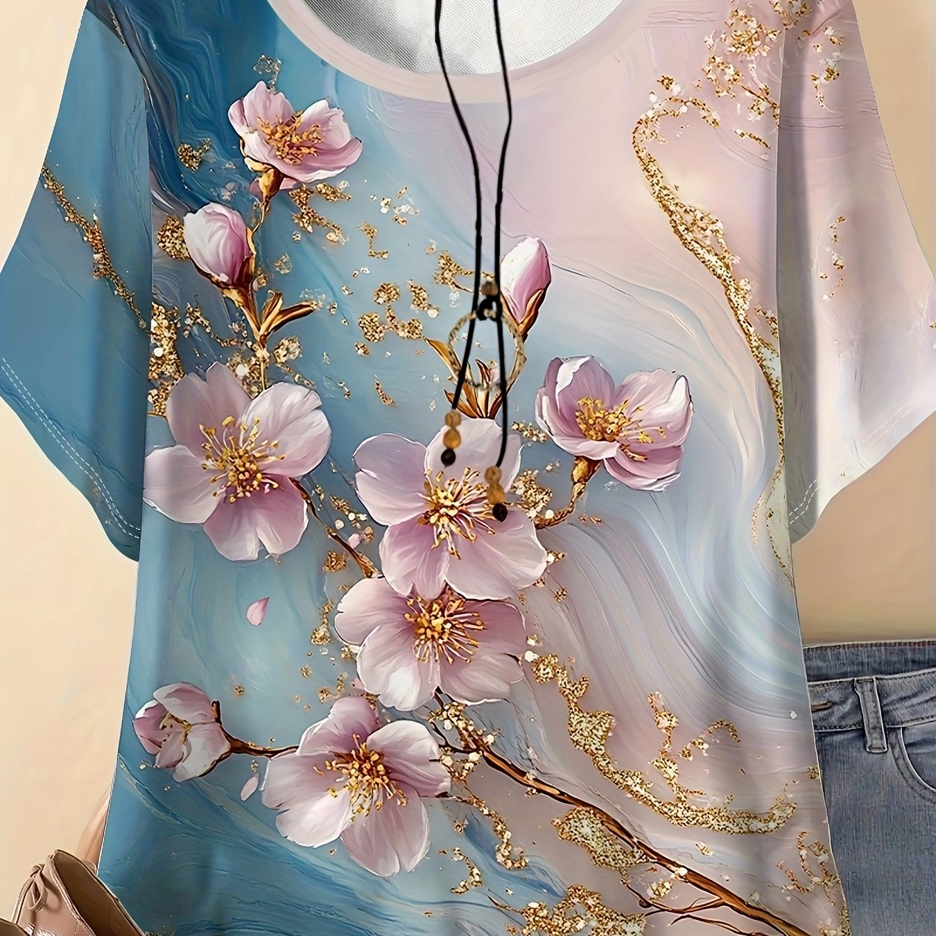 TEMU Plus Size, Women's Plus Size Casual Short Sleeve T-shirt - Floral Print With Blue & Pink Gradient Marbled Design, Stretch Round Neck, Machine