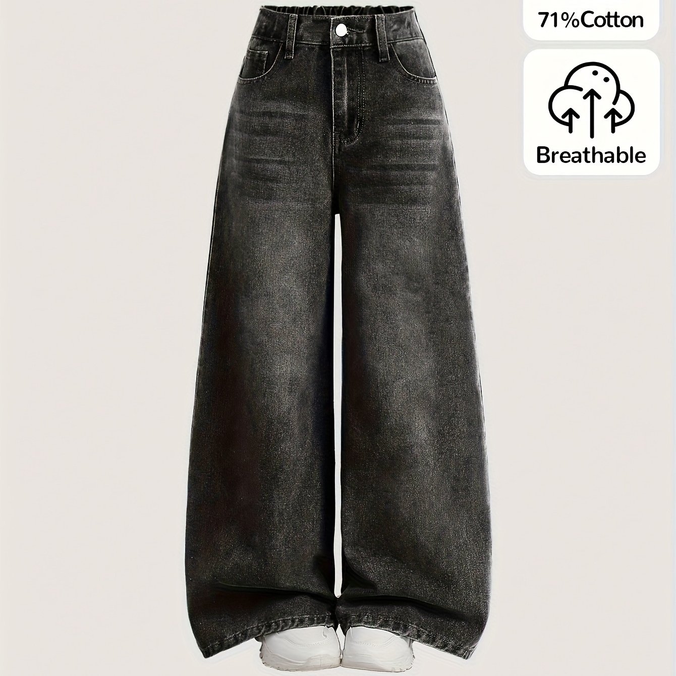 Image of 2026 Tween Girls Classic Versatile Y2k 2000s Elastic Waist Oversized Straight & Baggy Wide Leg Denim Jeans Korean Kpop Streetwear, , Letter Print, , Daily Wear