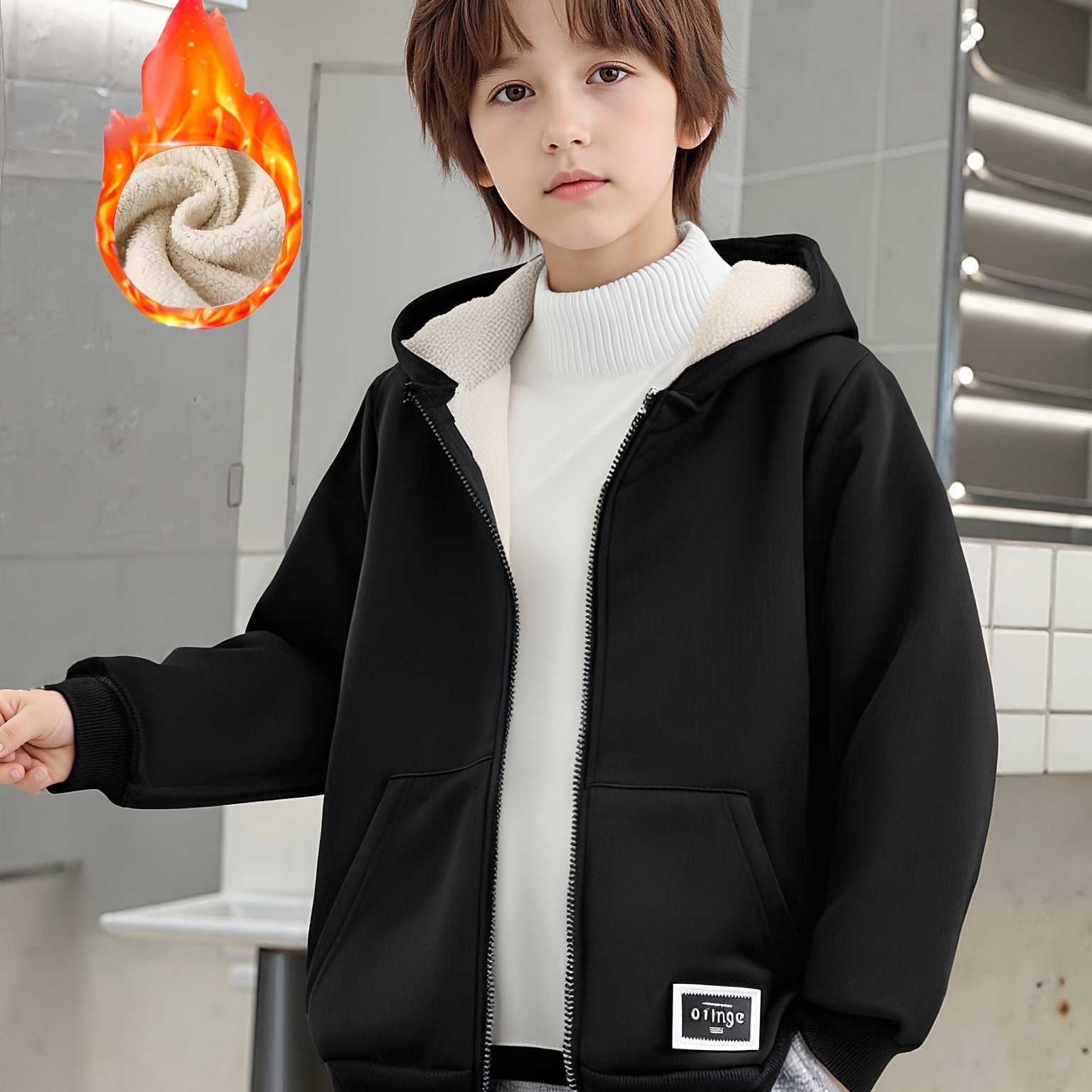 Image of (single Piece Sold, Sweater Inner Layer Not Included) ' Large Size 130-170cm Autumn Winter Kari 350g Alpaca Composite Fabric Warm Letter Patch Kangaroo Open Front Hooded Long Sleeve Fleece Jacket Coat
