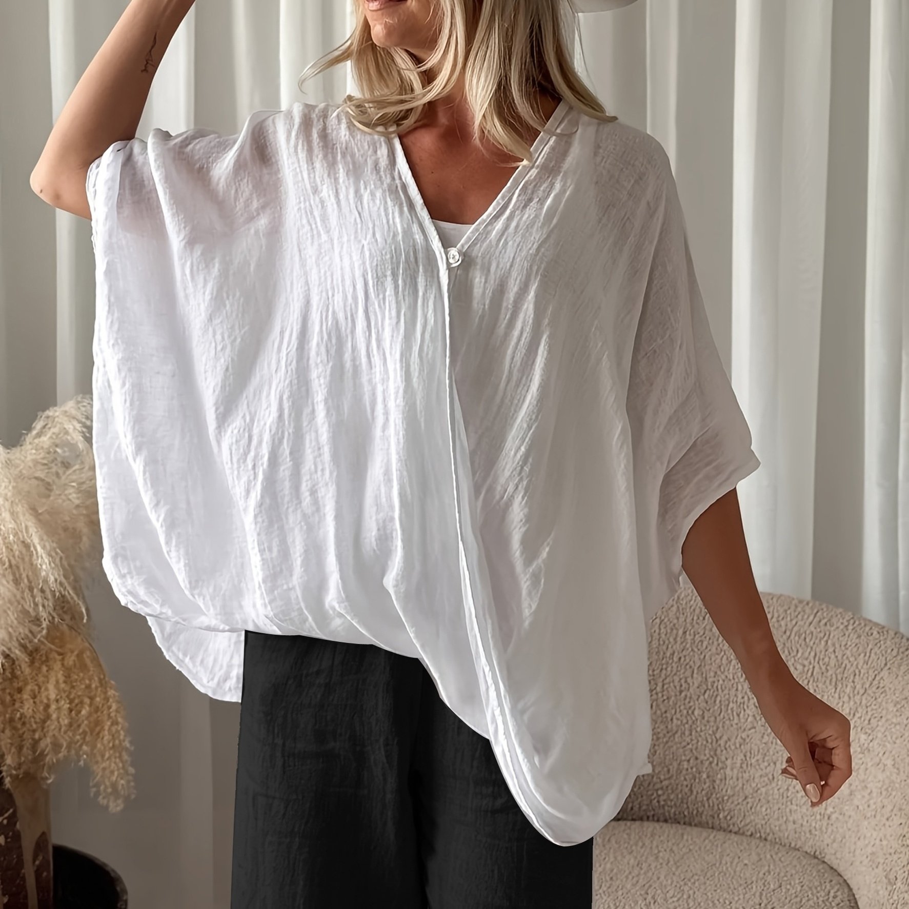 TEMU Plus Size - Bohemian Blouse Women's Loose V-neck Batwing Sleeve Beach Vacation Cover-up
