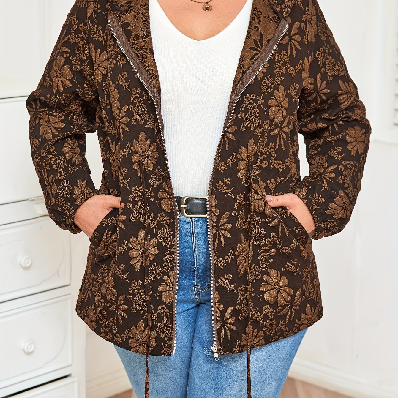 Plus Size, Plus-size Casual Jacquard Zipper Trench Coat Jacket With Hood, Drawstring, And Pockets, Women's Plus-size Clothing