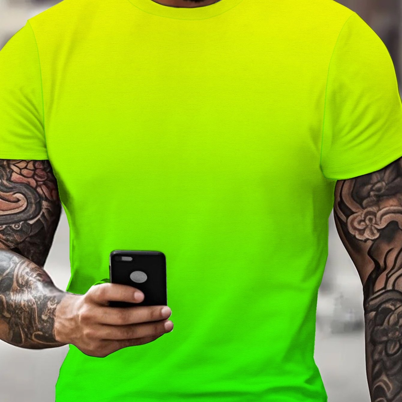 TEMU Men's Neon -shirt - Lime-colored Fluorescent -green, Lightweight Summer Crew Neck Short Sleeve, Modern Abstract Geometric Print, Regular Fit,