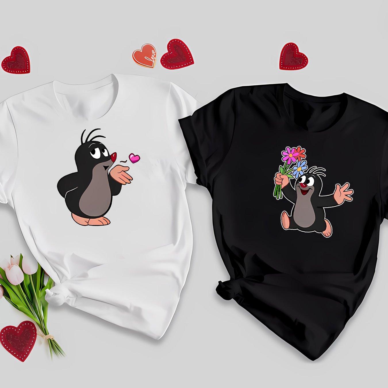 2pcs Cute Cartoon Print T-shirts For Women & Couples - Soft, Breathable Polyester, Round Neck, Short Sleeve - Perfect Gift For Her, Sister, Or Friend, Gift For Her|cartoon T Shirts| Constructio