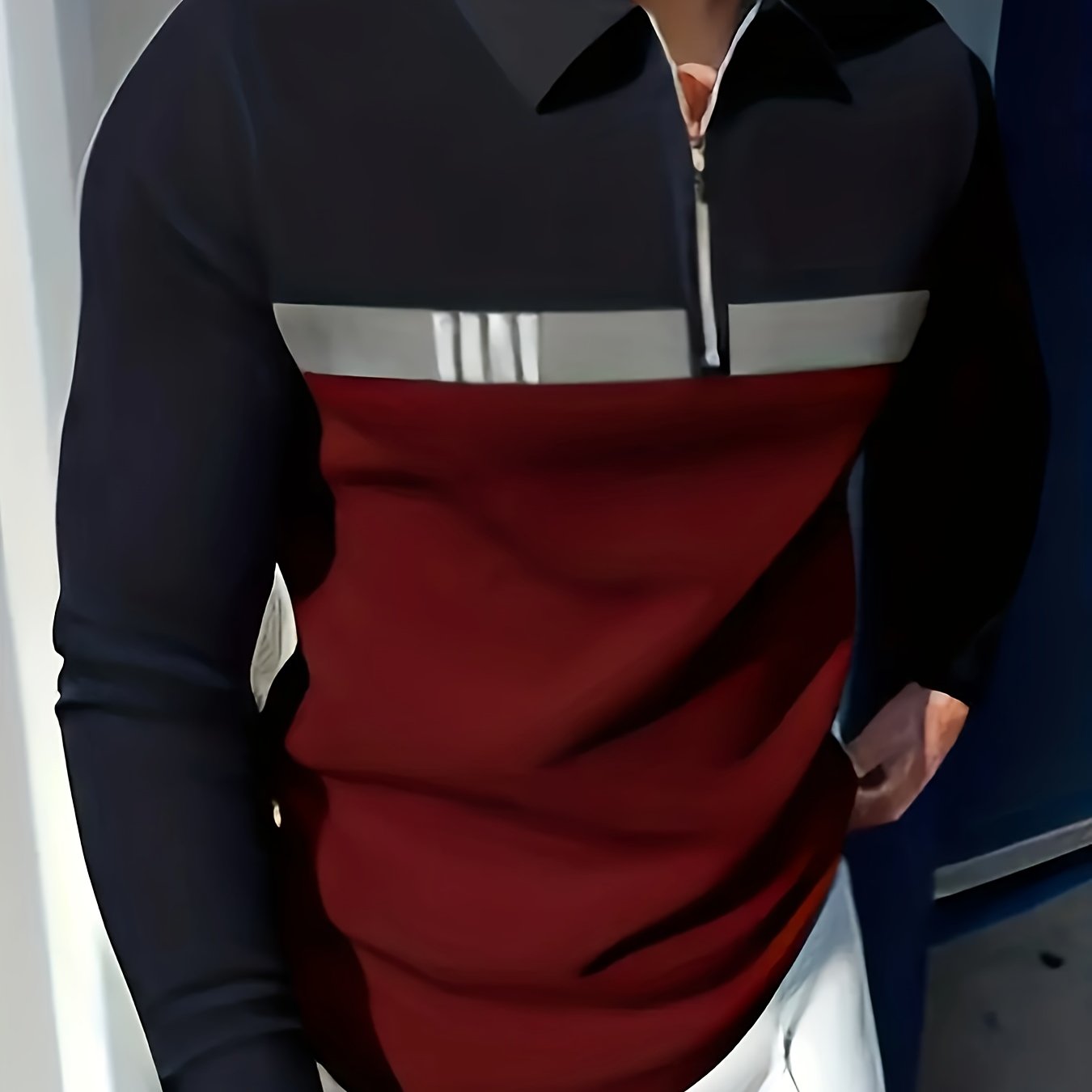 TEMU Men' Long Sleeve Zip-up Golf Shirt - Maroon & Black Geometric Pattern, Casual Collar Design, Golf, Outdoor Activities & Date Nights