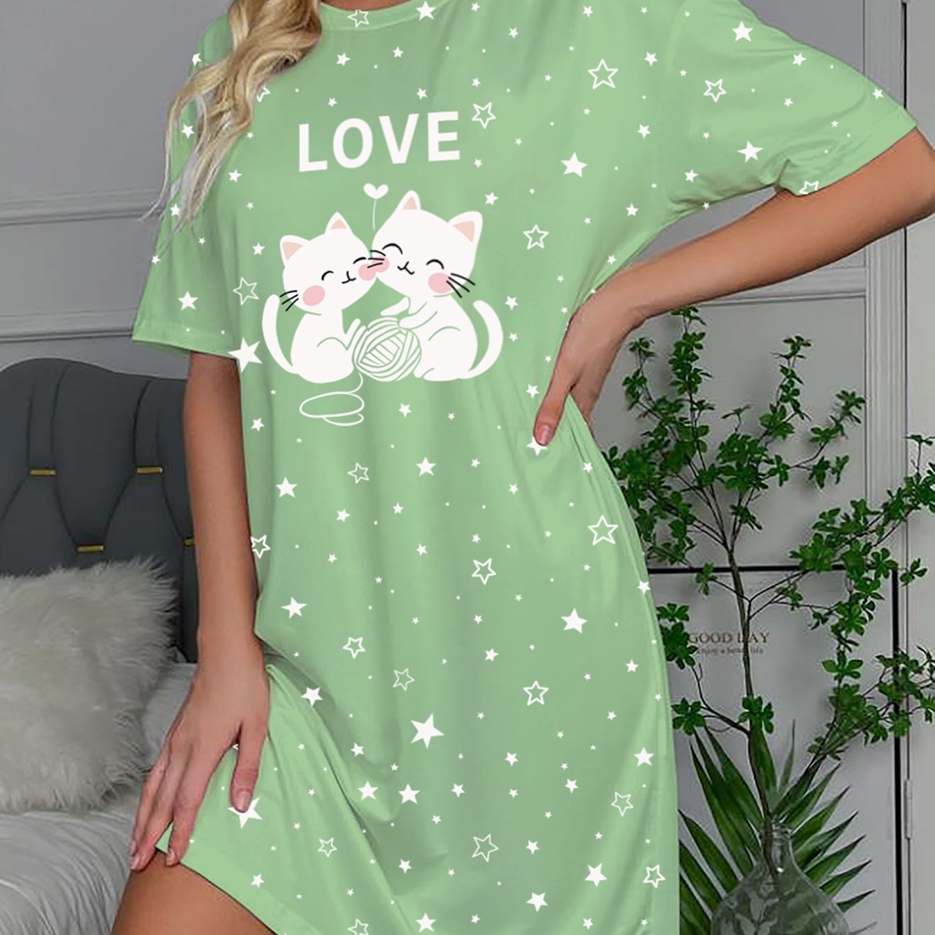 Image of A For Women Featuring A Cat And Print, This Comfortable Short-sleeve Round-neck T-shirt Dress Is With Stars, Suitable For , Made From A Fabric, And Is Machine Washable