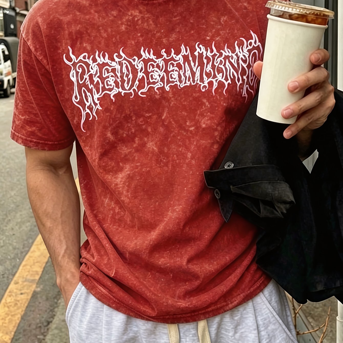 Image of Ribbed Contrast 's Snowflake Pattern Printed T-shirt, College Style Spring And Summer Menswear, Draped Frosted Soft And Breathable Short-sleeve Top