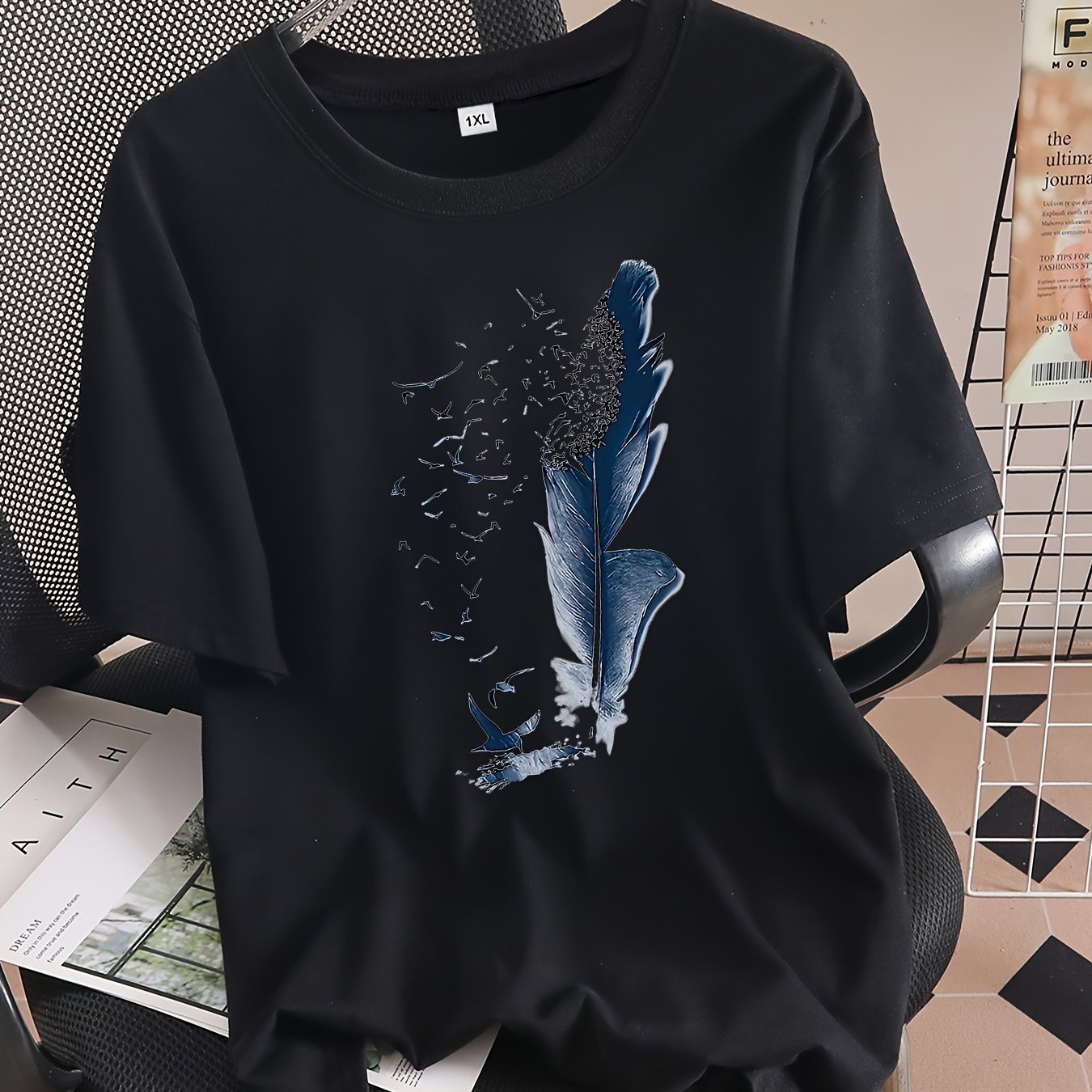 TEMU Plus Size - Plus Size - Fashionable Printed Short-sleeve Black Round-neck T-shirt For Women In Plus Size