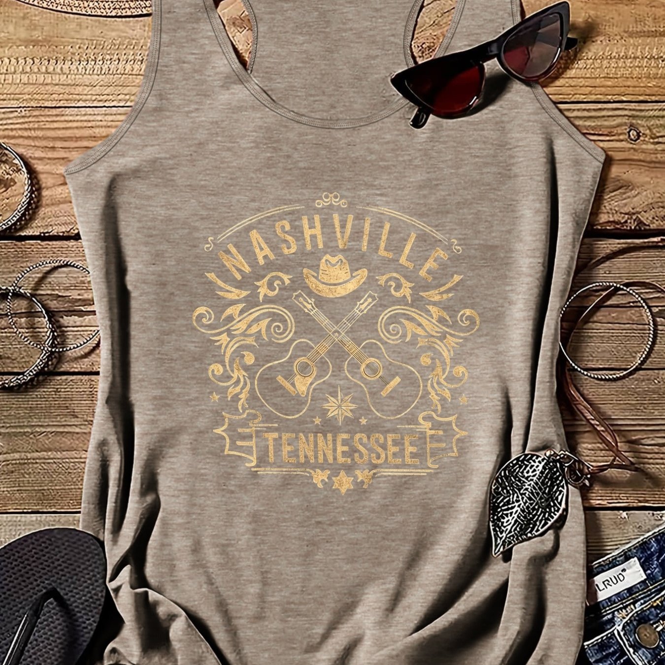 TEMU Plus Size, Women' Nashville Tennessee Print Sleeveless Shirt - Stretchy Polyester Tank Top With Round Neck, Machine Washable Casual Blouse For -