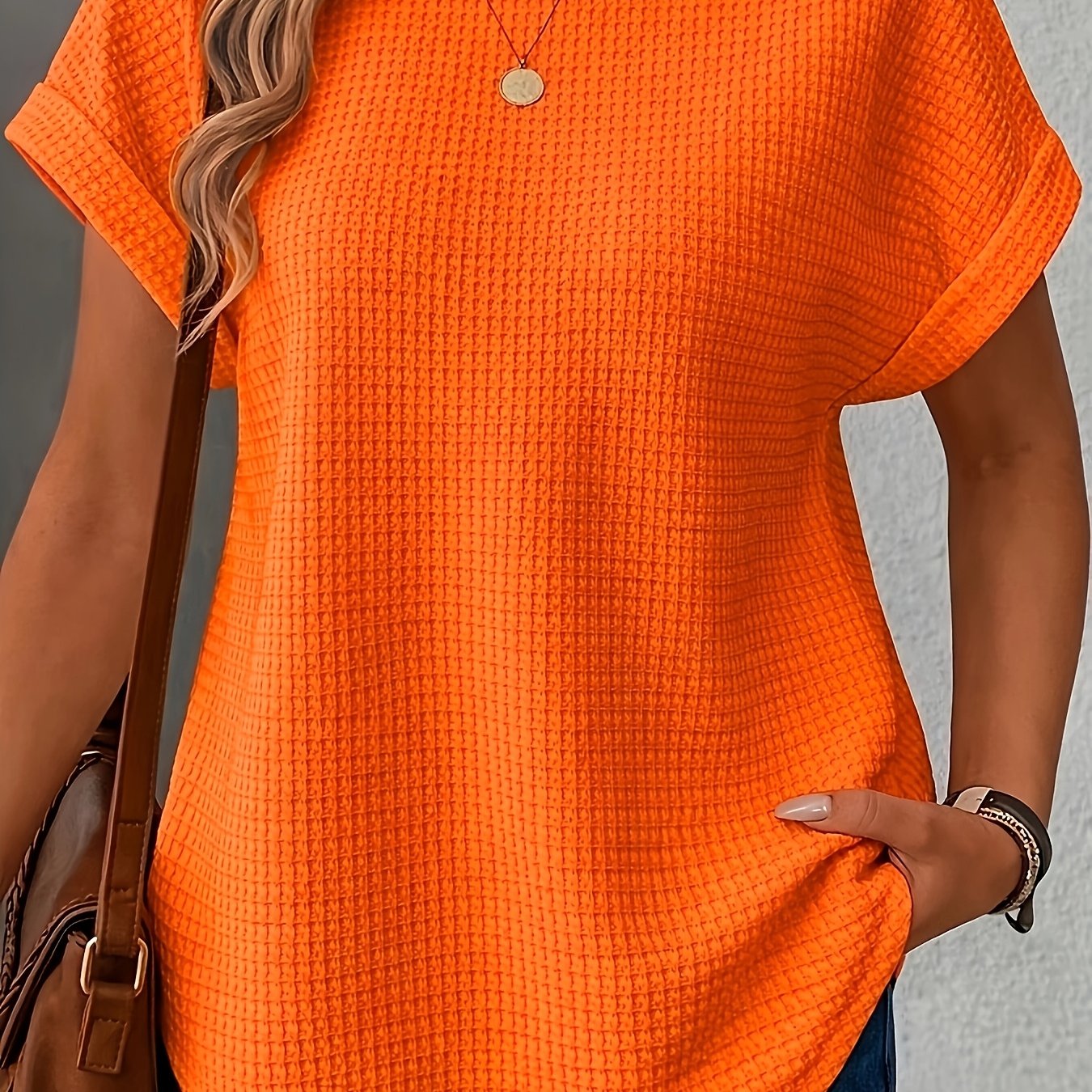 TEMU Women's T-shirt Waffle Solid Short Sleeve Round Neck Regular Style Daily Outing Short Sleeve 6041