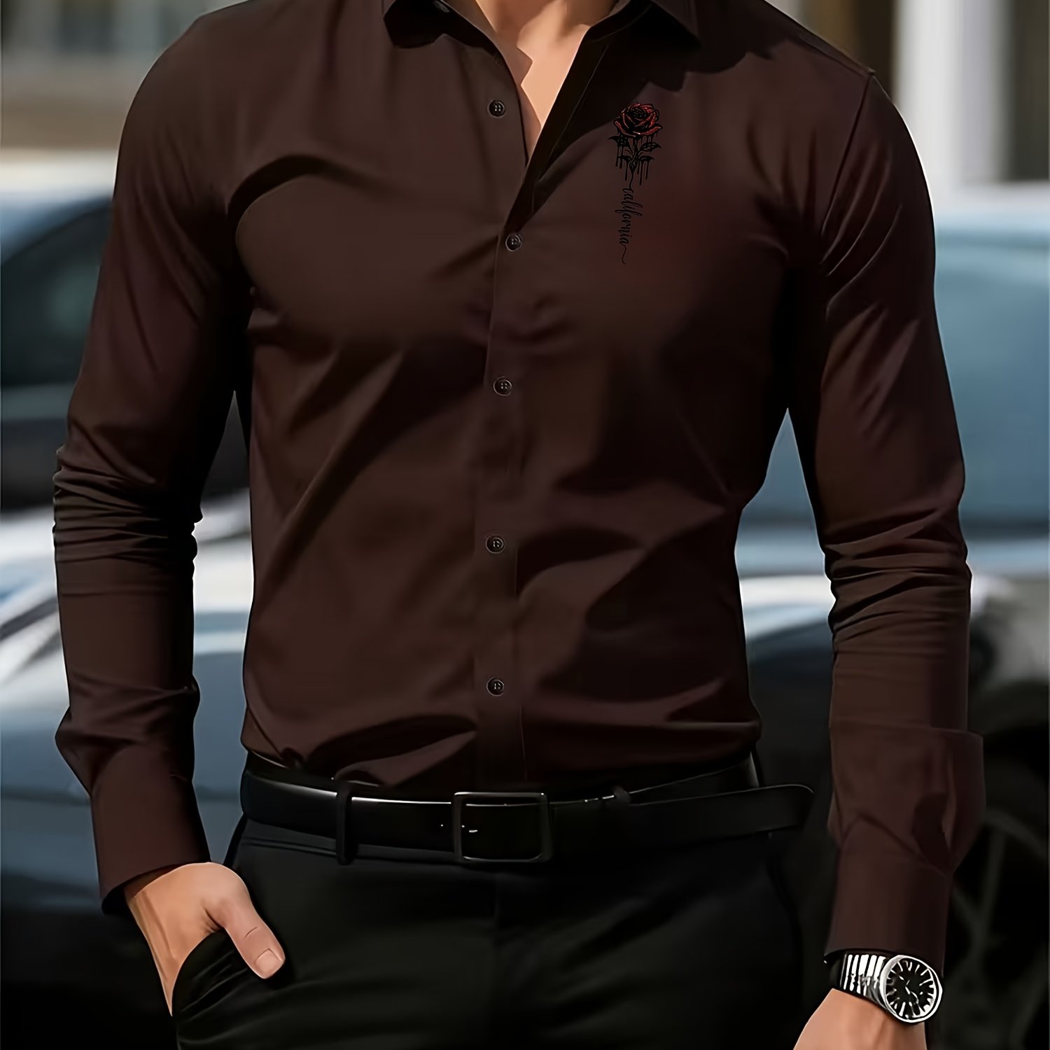 TEMU Exquisite Printed Men's Dress Shirt, Slim Fit Long Sleeve Shirt