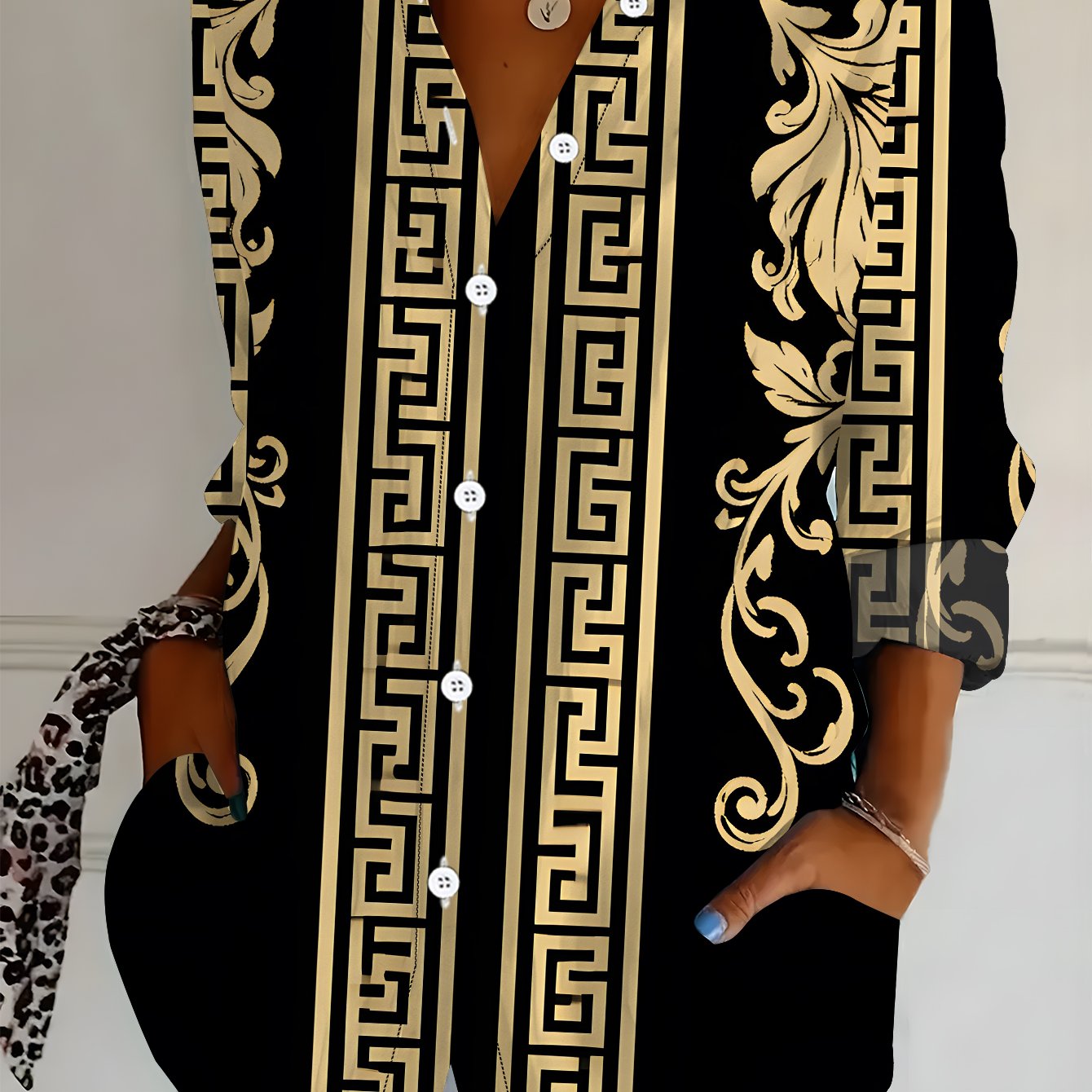 TEMU Plus Size, Plus Size Women's Long Sleeve Shirt With Classic Floral Pattern, Loose Fit Printed Shirt, Golden Vine Design, Mid-length Women's Long