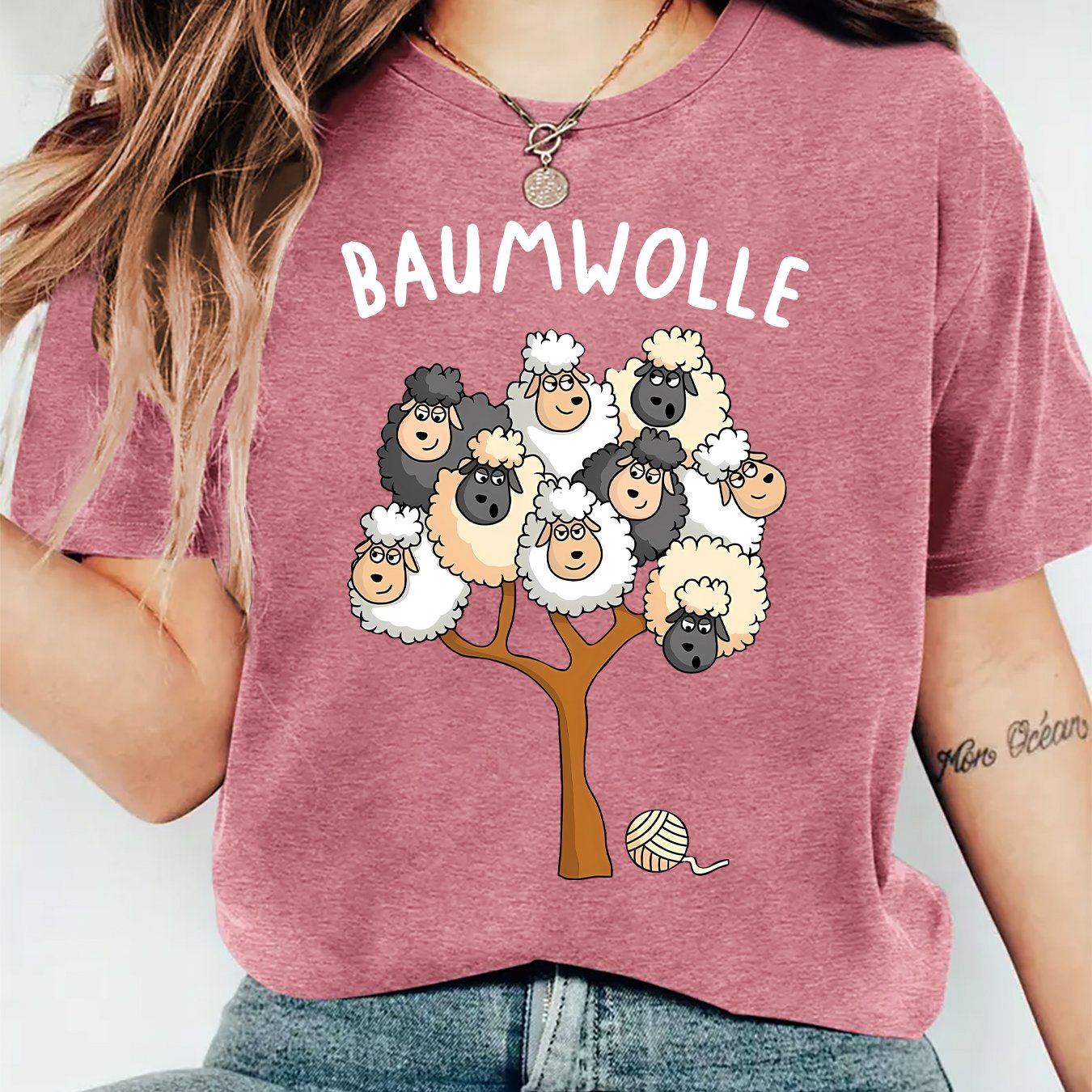 TEMU 2026 New Women's Baumwolle German Sheep On A Tree Ball Fun Cartoon Crew Neck Short Sleeve T-shirt, Versatile For Sports, Daily Casual, German