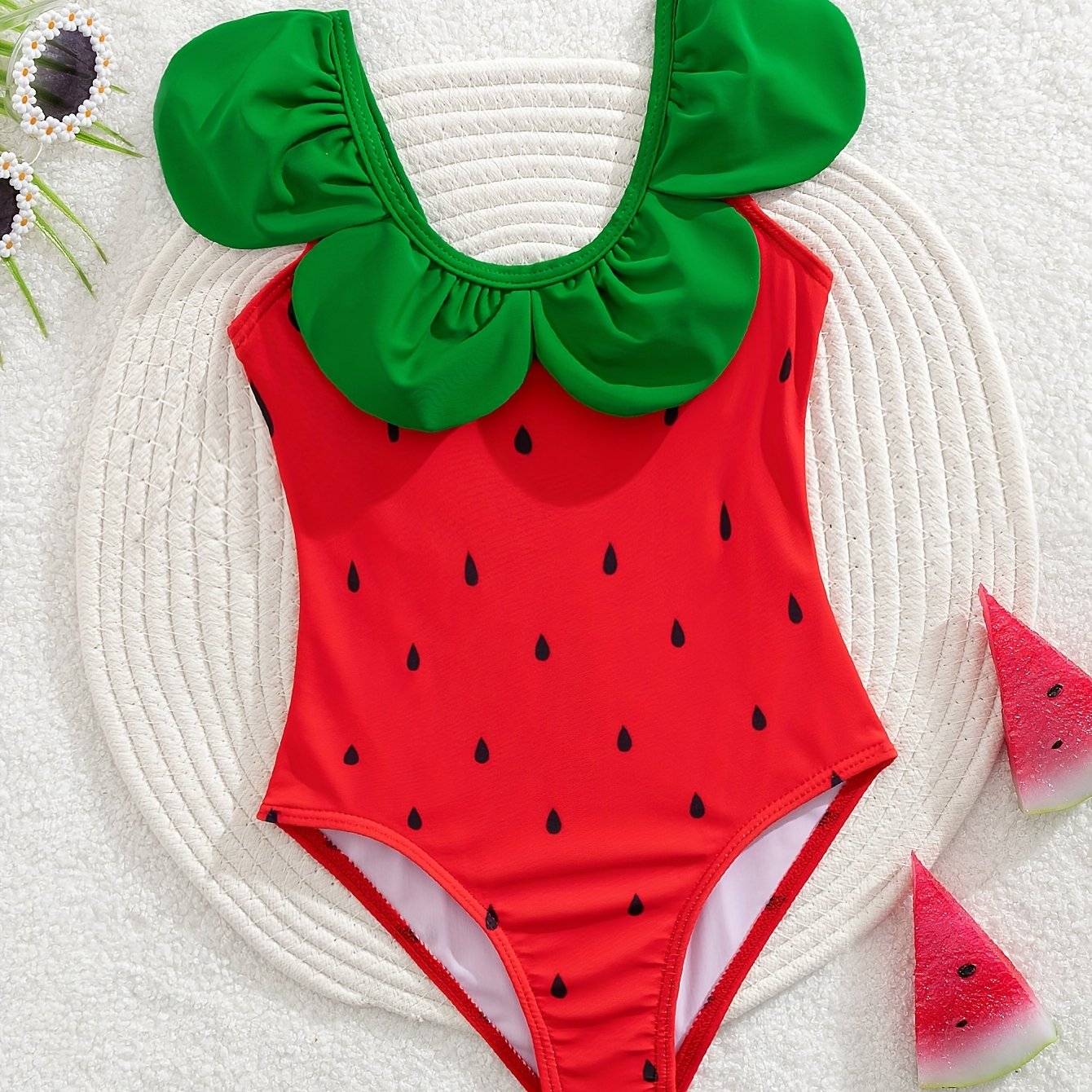 Image of Cute Strawberry Pattern Neckline With Ruffle Detail Quick- High Elasticity Fashion Girls' One-piece Swimsuit