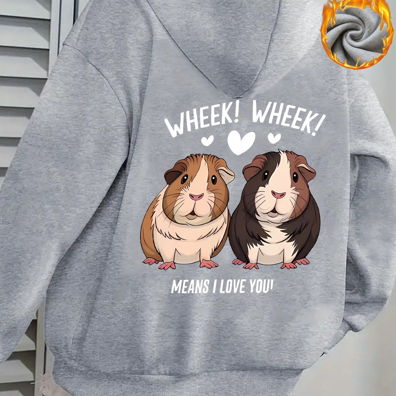 TEMU Women's Guinea Pig Lovers Hoodie With Cute "wheek! Wheek!" & " Means I Love You!" Back Print, Pocket - Grey Casual Sweatshirt For Guinea Pig