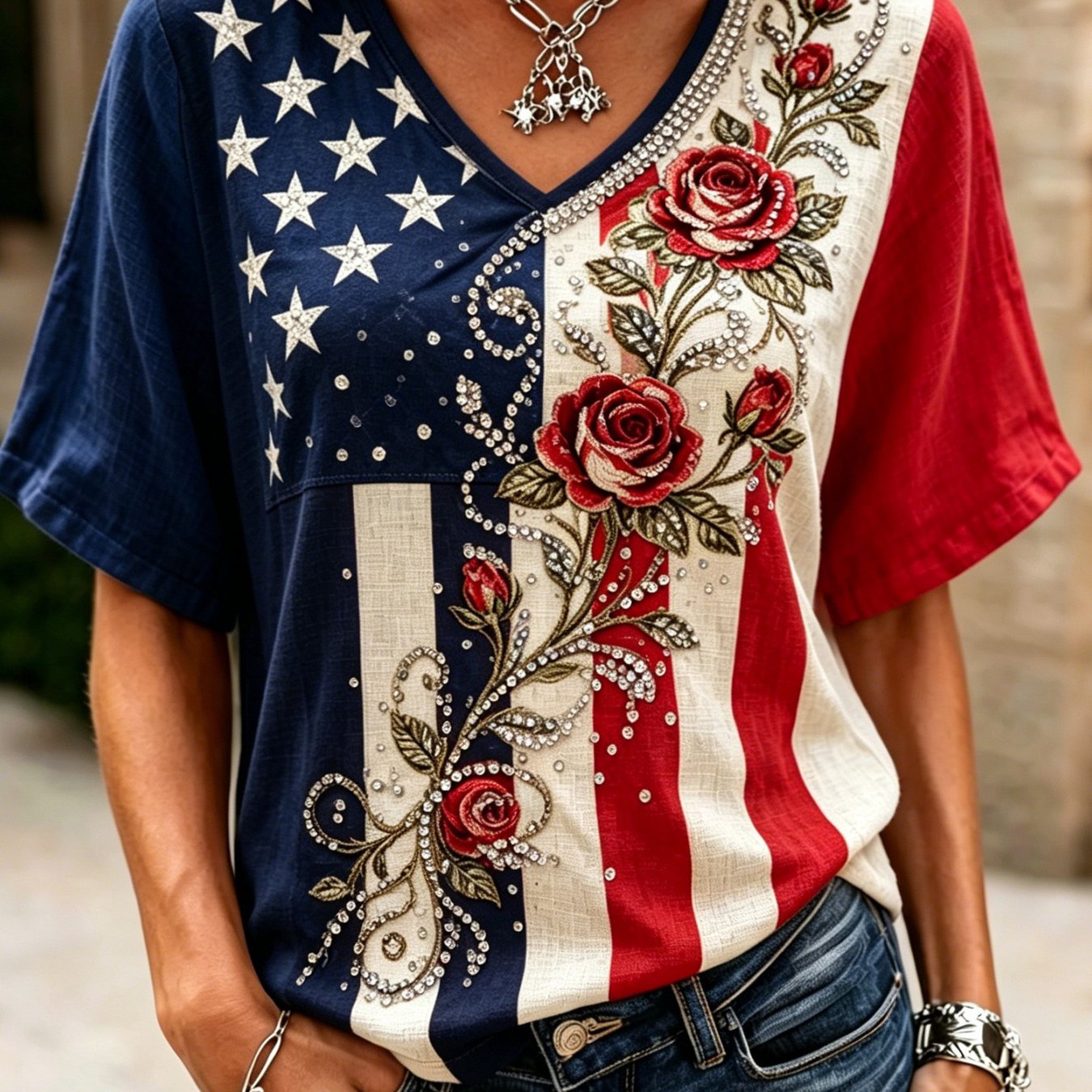 TEMU Plus-size Women's Clothing, Women's Casual Shirts, Short-sleeve Shirts, Women's Summer Apparel, Short-sleeve V-neck Shirts, Style, Flag Rose V-neck Top, Suitable For City And
