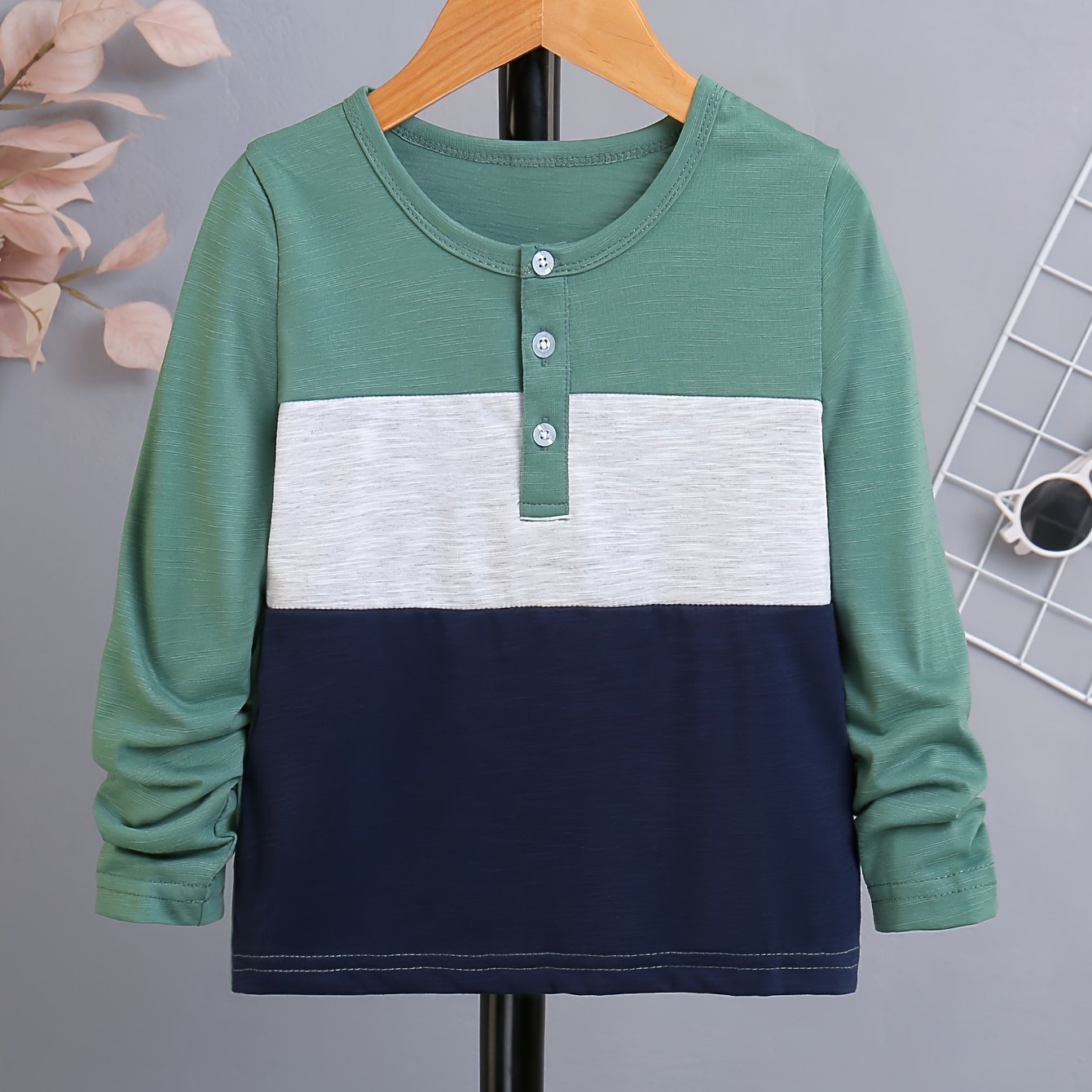 Boys' Block Round Neck Long Sleeve T-shirt, Personality Block Base Layer Shirt, Casual Long Sleeve T-shirt