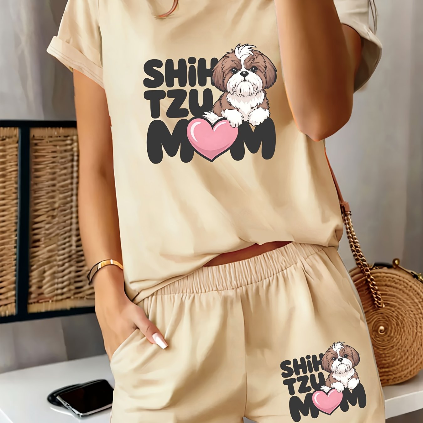 TEMU 2pcs Fashionable Women's Elegant Set Featuring A Round-neck Short-sleeve T-shirt With Brown And White Cartoon Dog, , And Shih Tzu , And Pocketed