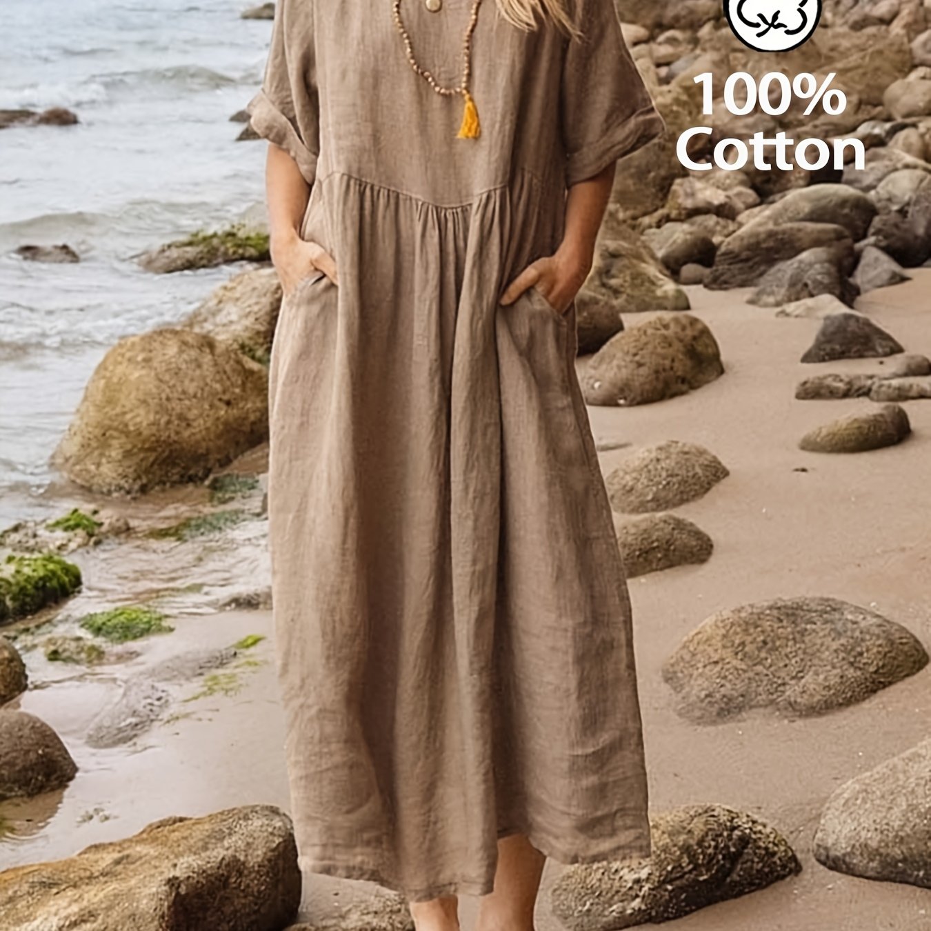 Image of Women's Round Neck Short Sleeve Dress, Women's Pure Comfortable Easy Elegant Dress, Suitable For Vacation Leisure, Daily Wear, Summer Outing