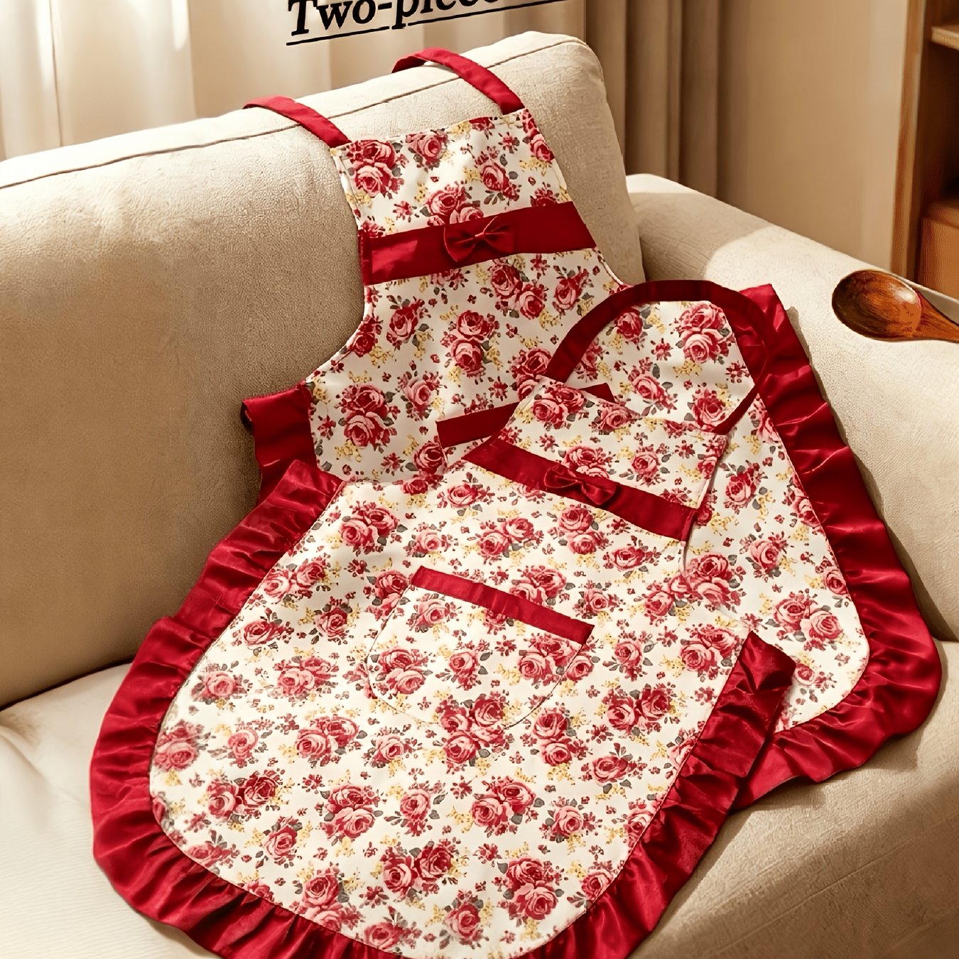 TEMU 2pcs Women's Halter Neck Apron - Minimalist Red Print, Large Pocket, Ruffle Hem, High Quality & Practical For Kitchen, Dining Room & Bedroom