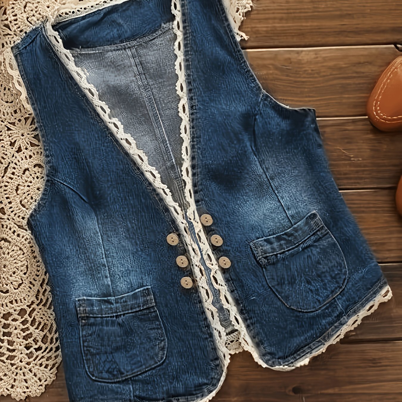 TEMU Women's Vintage Denim Vest Top With Lace Trim, Decoration And Buttons, Suitable For Vacation And Casual Wear