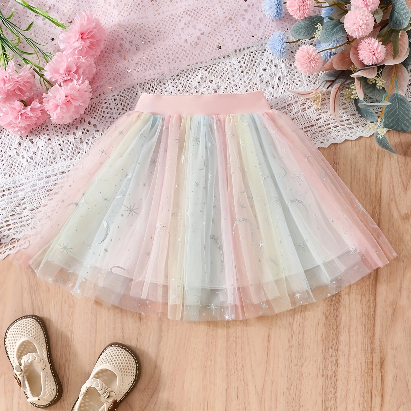 Image of Girls' Ombre Iridescent Hot- Silvery Half Skirt, Stylish Children's Puffy Skirt, Summer Girls' Short Skirt, Spring/summer Sequin Half Skirt, Princess Pleated Cute Summer Mesh Skirt