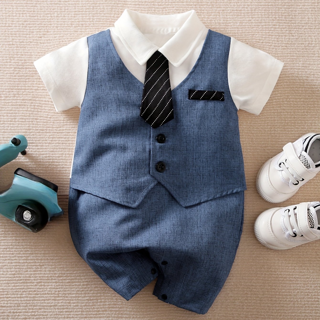 Image of Gentleman Series Navy Blue Tie Vest Summer Children's Short Sleeve Bodysuit, Perfect For Outdoor,boys And Girls Clothes, Perfect For Outdoor