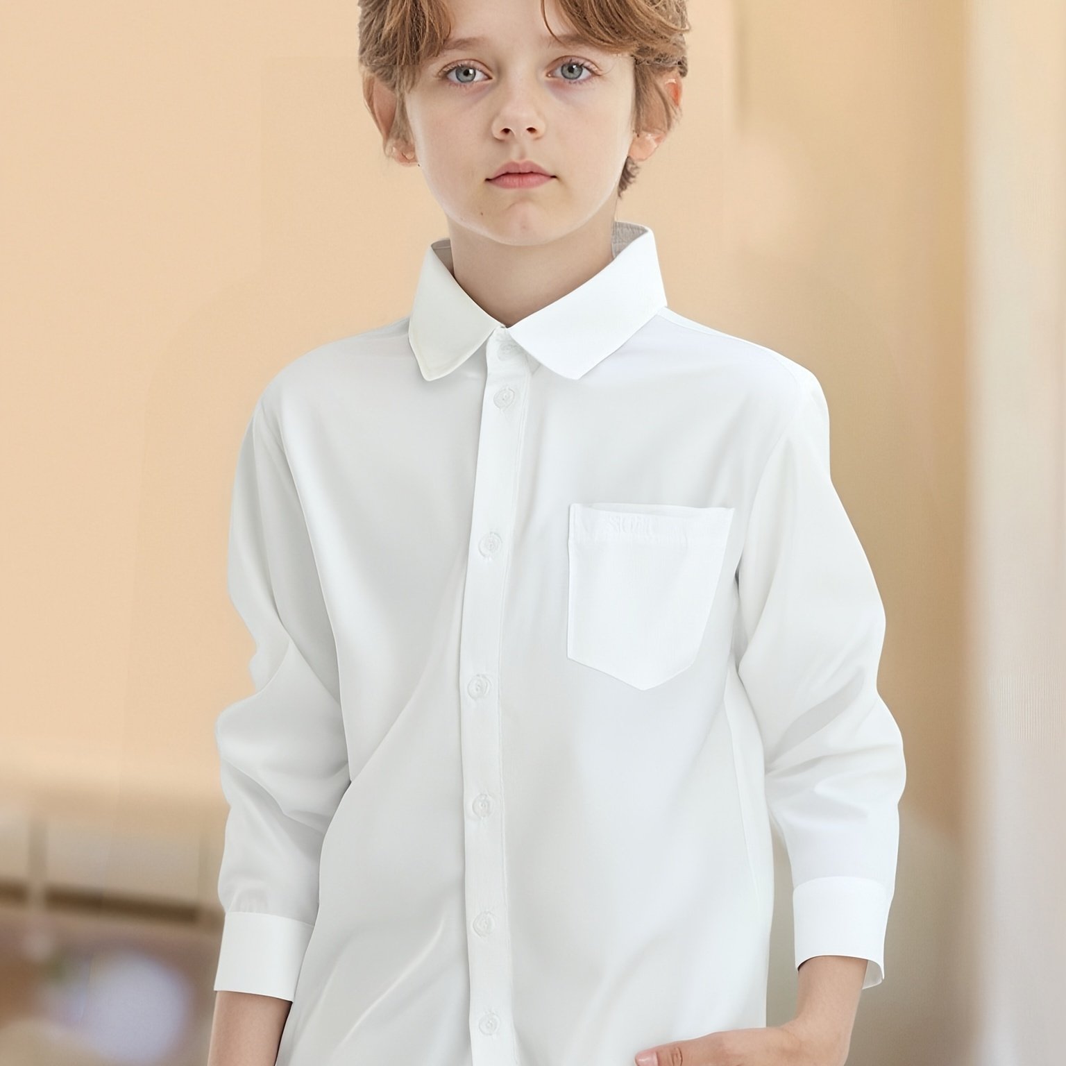 Image of Back-to- Kids' Long Sleeve White Shirt, Fashionable White School Uniform Shirt For Boys, Single Long Sleeve Regular Fit White Shirt,halloween