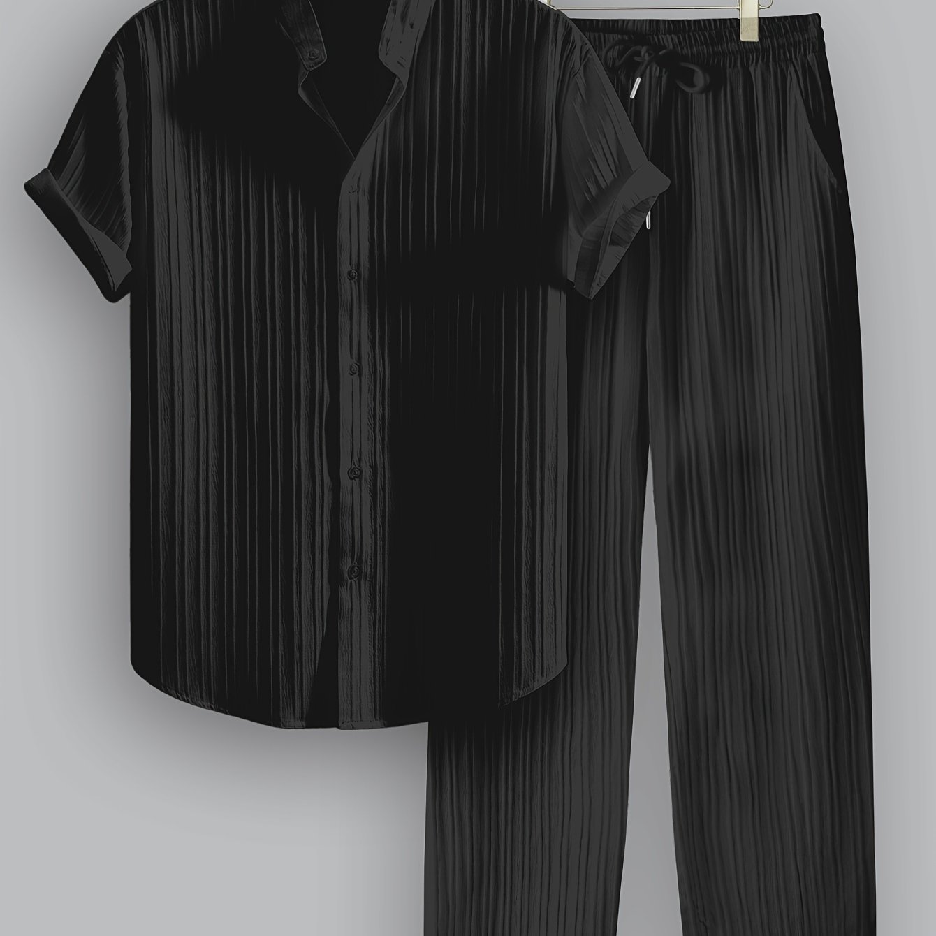 Image of Plus Size Men's Summer Solid Striped 2pcs Set, Casual Fashion Collar Short Sleeve Shirt And Drawstring Long Pants, Suitable For Summer Casual Daily Wear, Beach Vacation