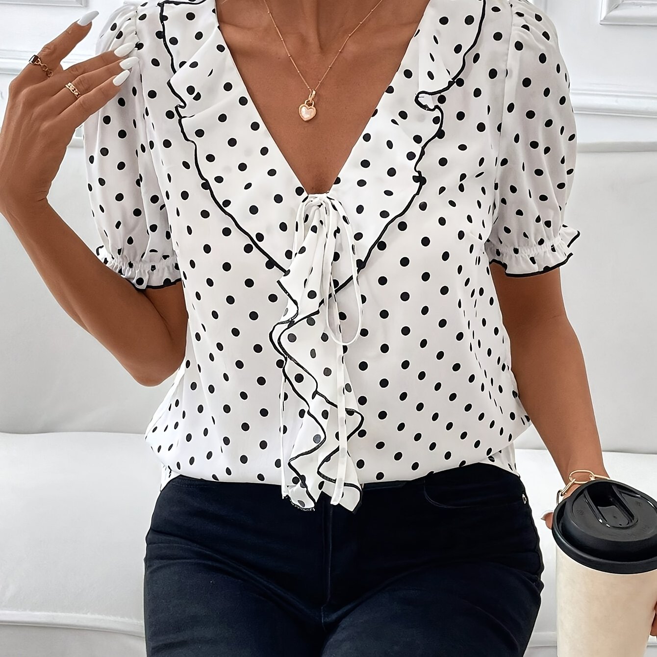 TEMU Top Scollo a V, Blusa Casual con Volant e Maniche a Corte, Adatta per Estate, Abbigliamento da Donna
