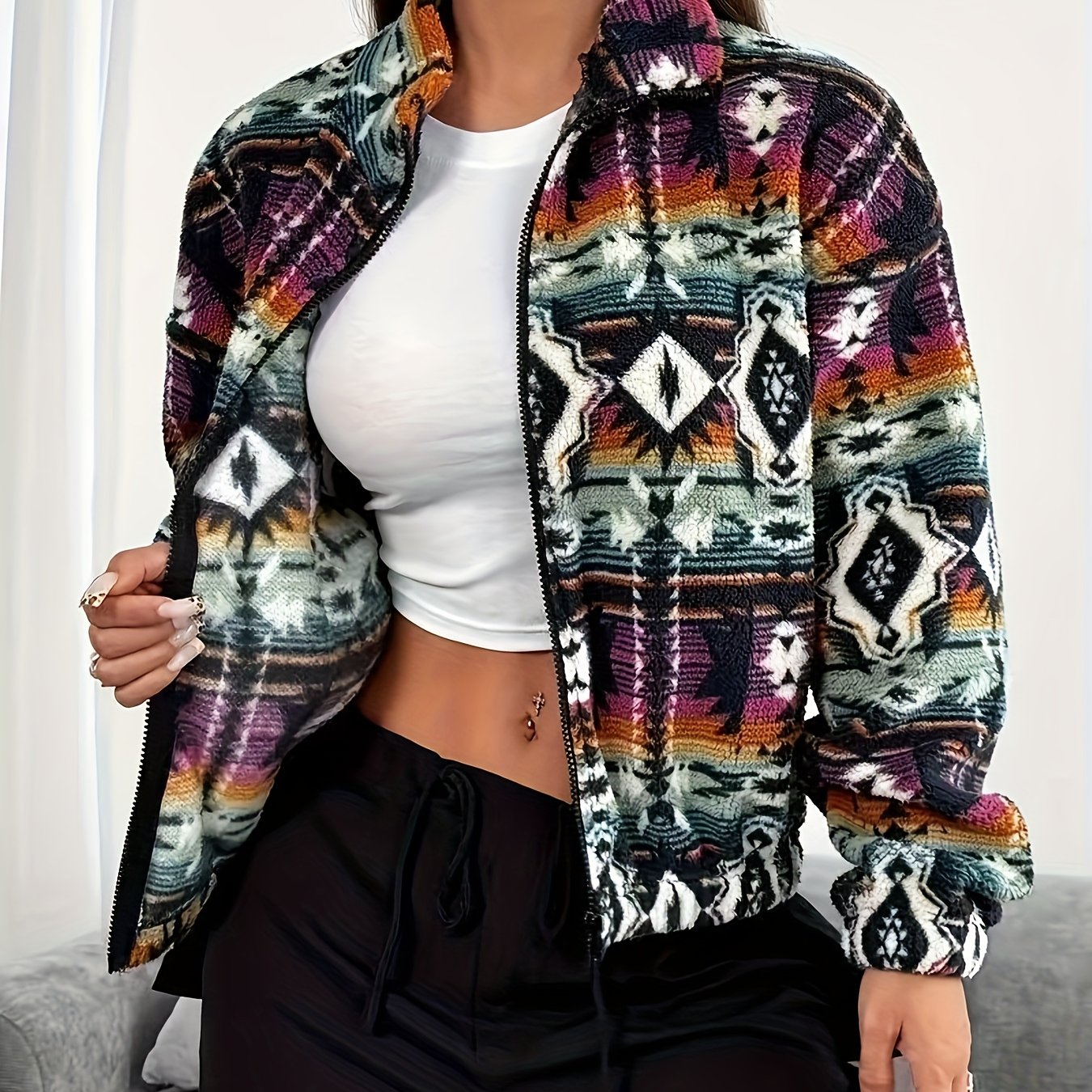 E-shop Bedruckte, doppelseitige Plüsch-Cardigan mit Reißverschluss, Revers, kurzer, lässiger Damen-Plüschmantel für Herbst und Winter