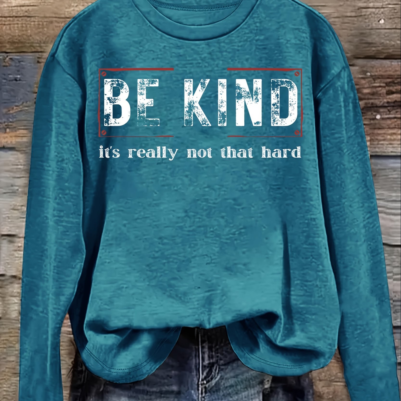 TEMU Be Kind Print T-shirt, Casual Crew Neck Long Sleeve Top For Spring & Fall, Women's Clothing