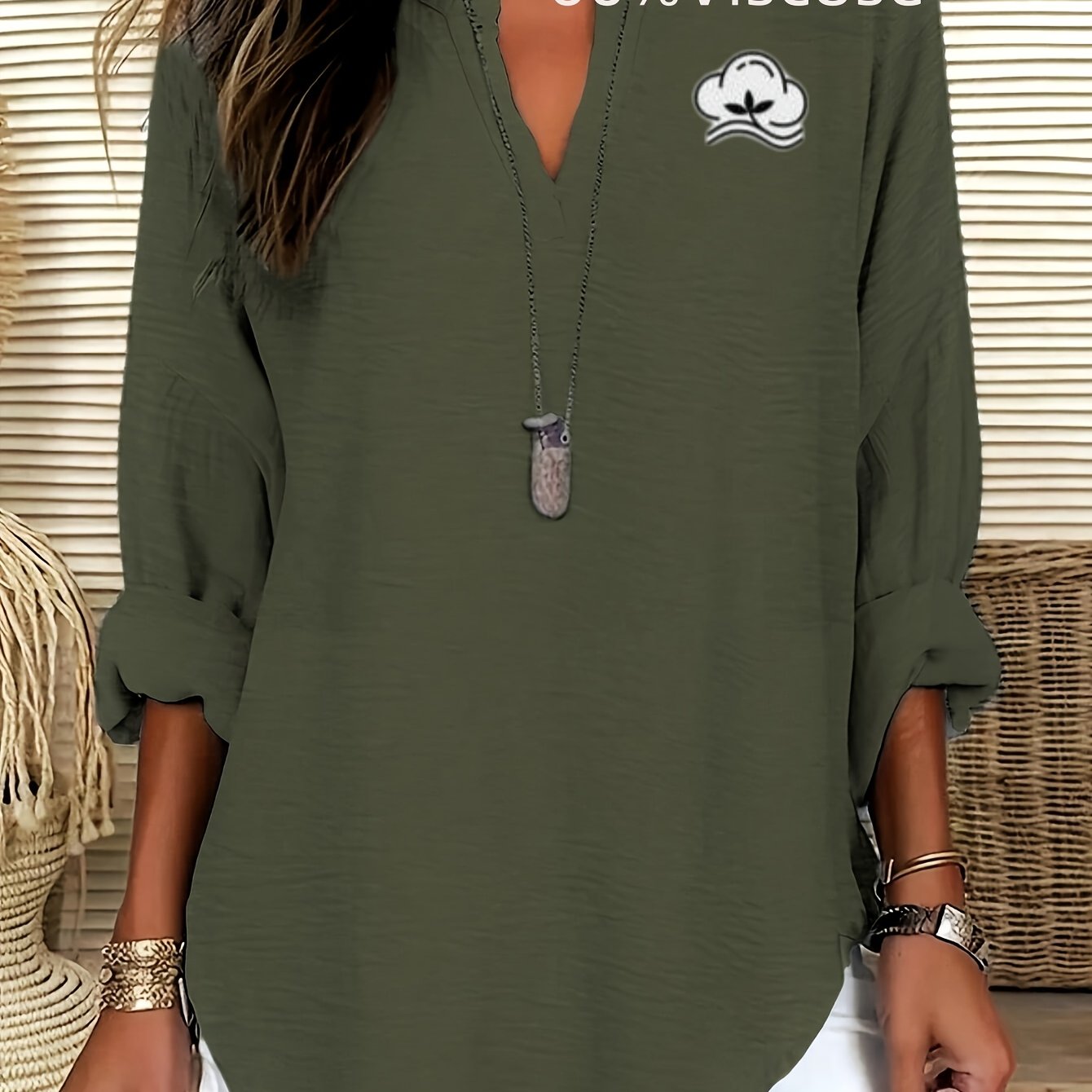 2025 Spring/summer , Lazy Style, Notched V-neck, Drop Shoulder, Solid Color, Long-sleeved, Curved Hem, Women's Top