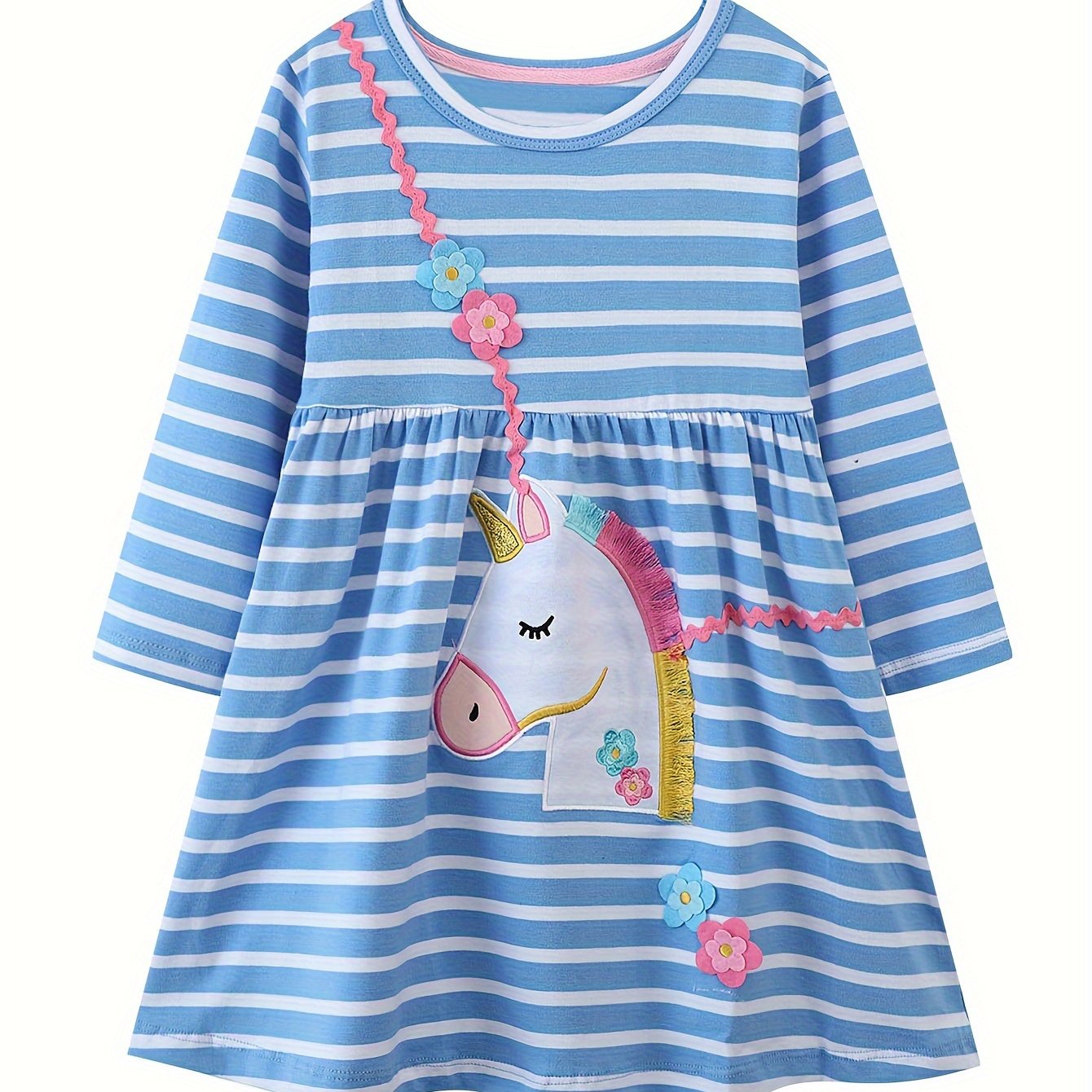 Image of Girls' Striped Long Sleeve Dress With Cute Cartoon Unicorn And Flower Embroidery, Soft Breathable Cotton Knit Dress