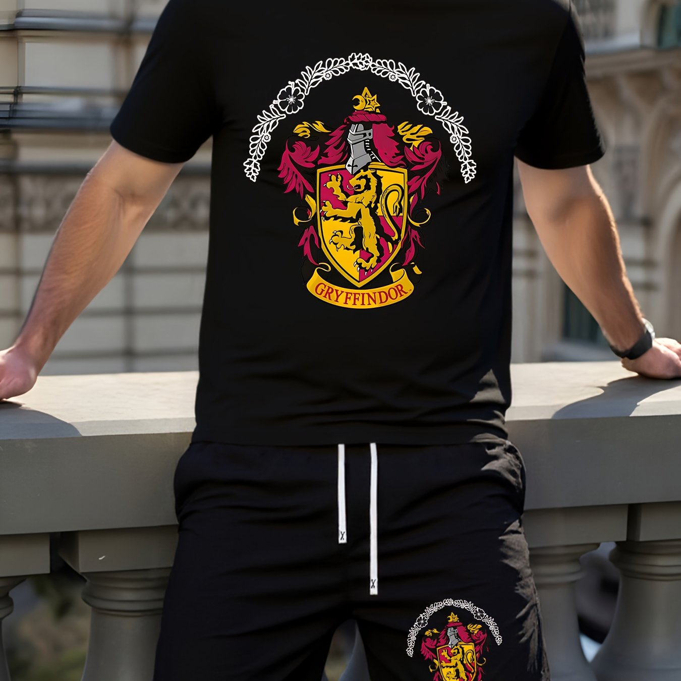 TEMU WB a licencié la série Harry Potter Gryffindor, un imprimé sur le thème d'un ensemble décontracté pour hommes, léger et respirant, avec des