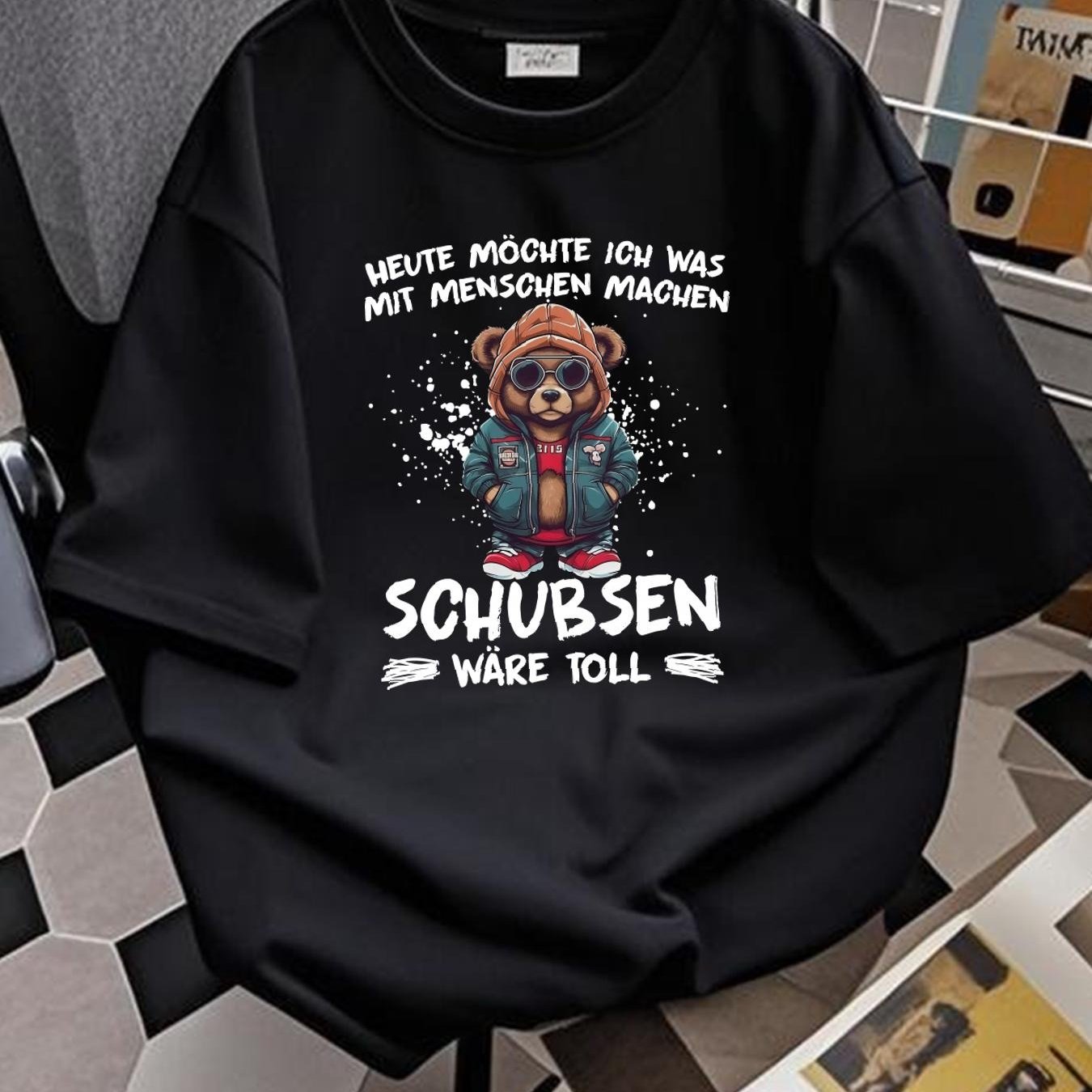 Image of Bear Graphic T-shirt With German Quote Today I Want To Pushing Great - Unisex Casual Streetwear Short Sleeve Round Neck Breathable Tee For , Humorous Saying, Fit