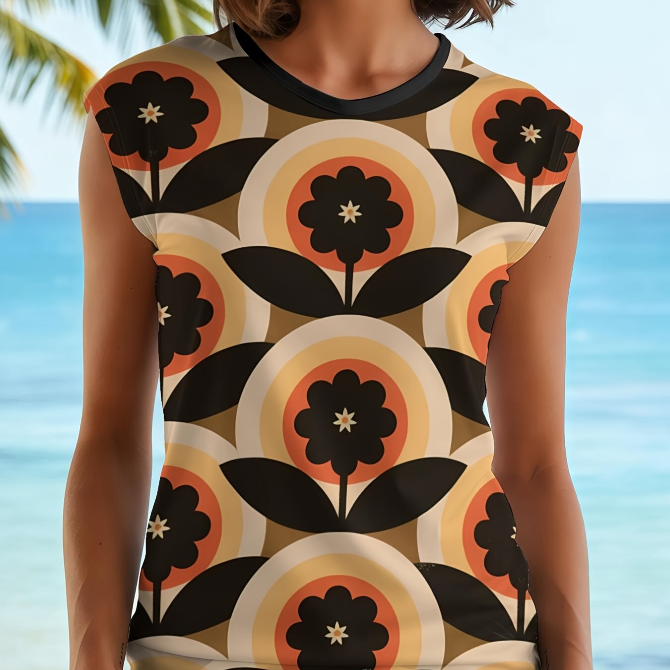TEMU Retro Floral Print Women's New Digital Printed Sleeveless T-shirt For Casual Wear, Perfect For Spring And Summer, Easily Stands Out In Casual