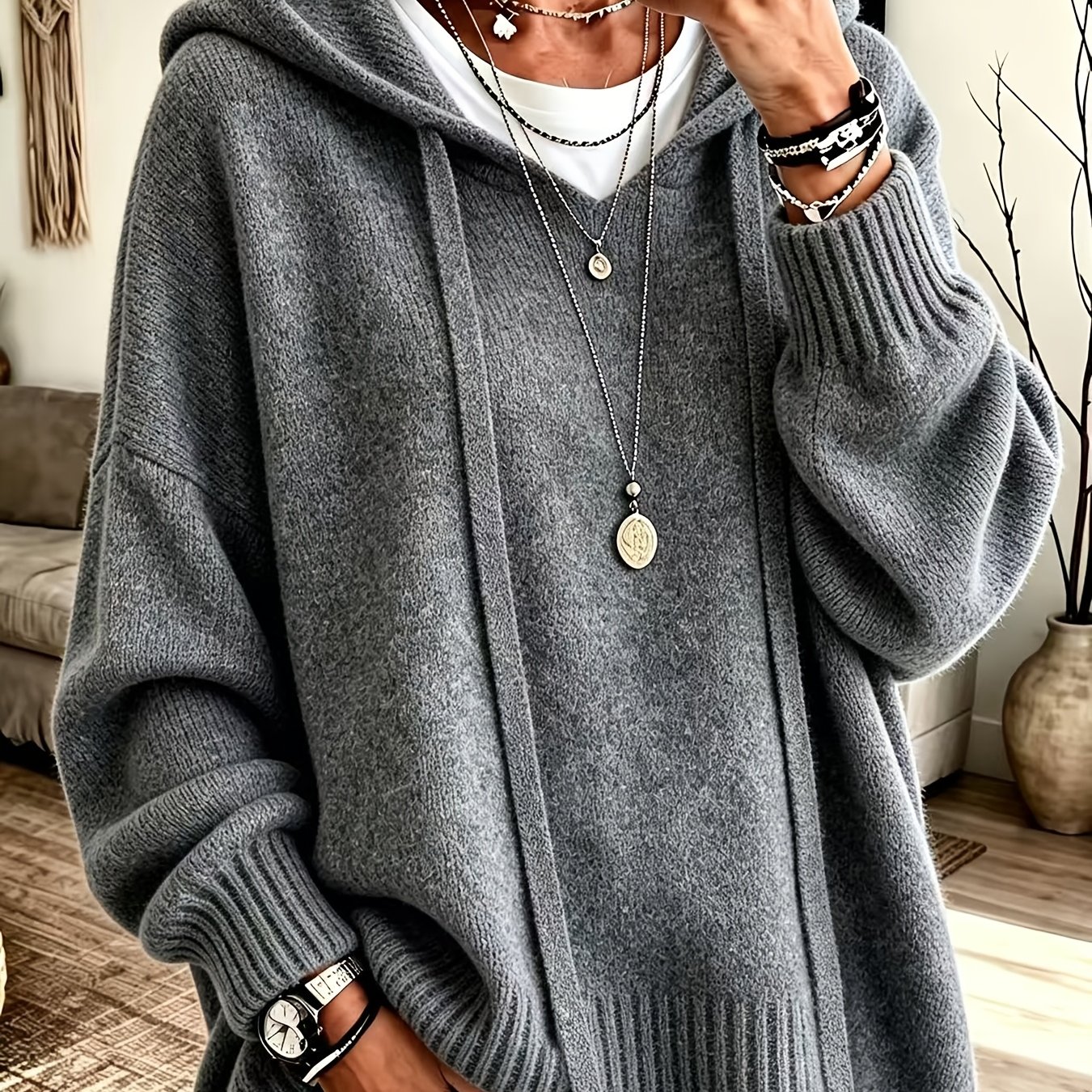 TEMU Korean-style Loose Fit Casual Hooded Sweatshirt, Autumn/winter Solid Color Simple Versatile Drop Shoulder Lantern Sleeve Hoodie, 2026 Women's