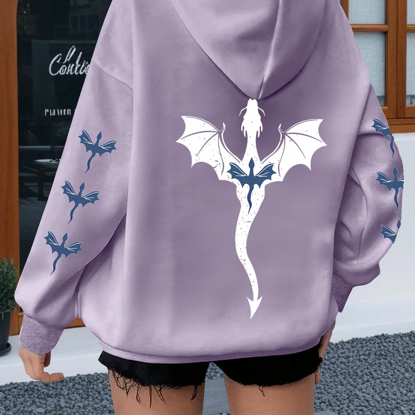 TEMU Plus Size - Double Layer Dragon Silhouette Print, Fantasy Style Casual Plus Size Women's Hooded Sweatshirt
